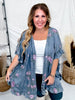 Dark Blue Floral Print Chambray Cardigan With Ruffled Hems - Whiskey Skies - EASEL