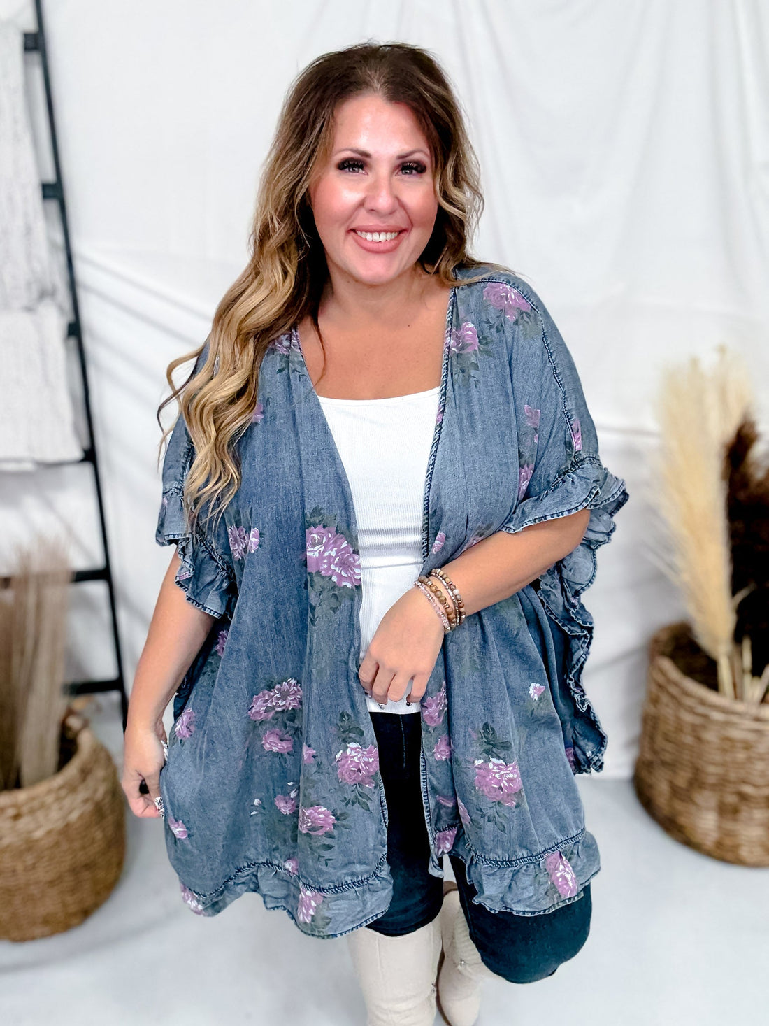 Dark Blue Floral Print Chambray Cardigan With Ruffled Hems - Whiskey Skies - EASEL