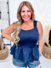 Dark Blue Peplum Tank Top With Denim Accent - Whiskey Skies - 2 FLY CO.