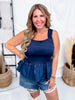 Dark Blue Peplum Tank Top With Denim Accent - Whiskey Skies - 2 FLY CO.