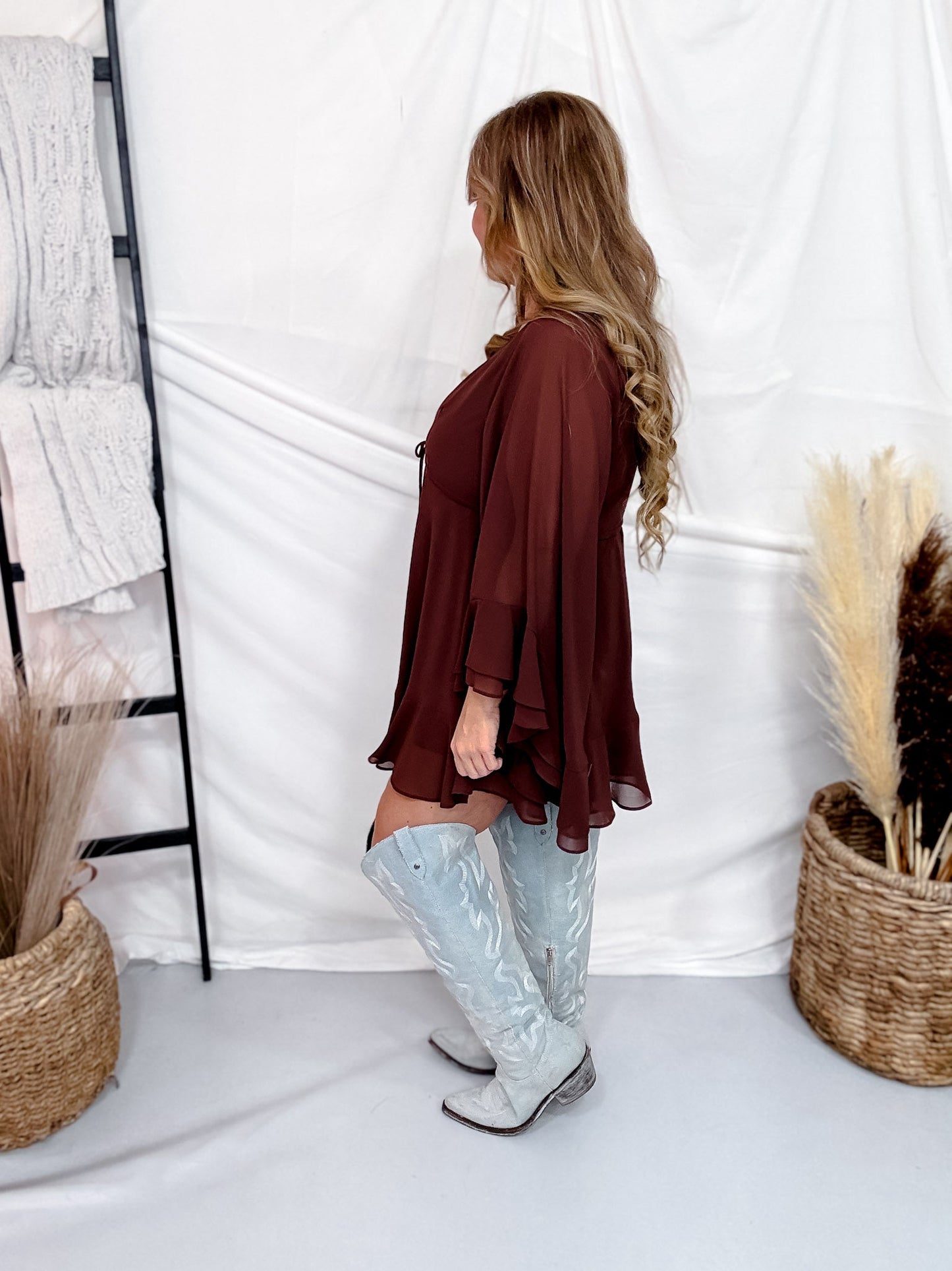 Dark Brown Ruffled V-Neck Mini Dress - Whiskey Skies - POLAGRAM + BAEVELY