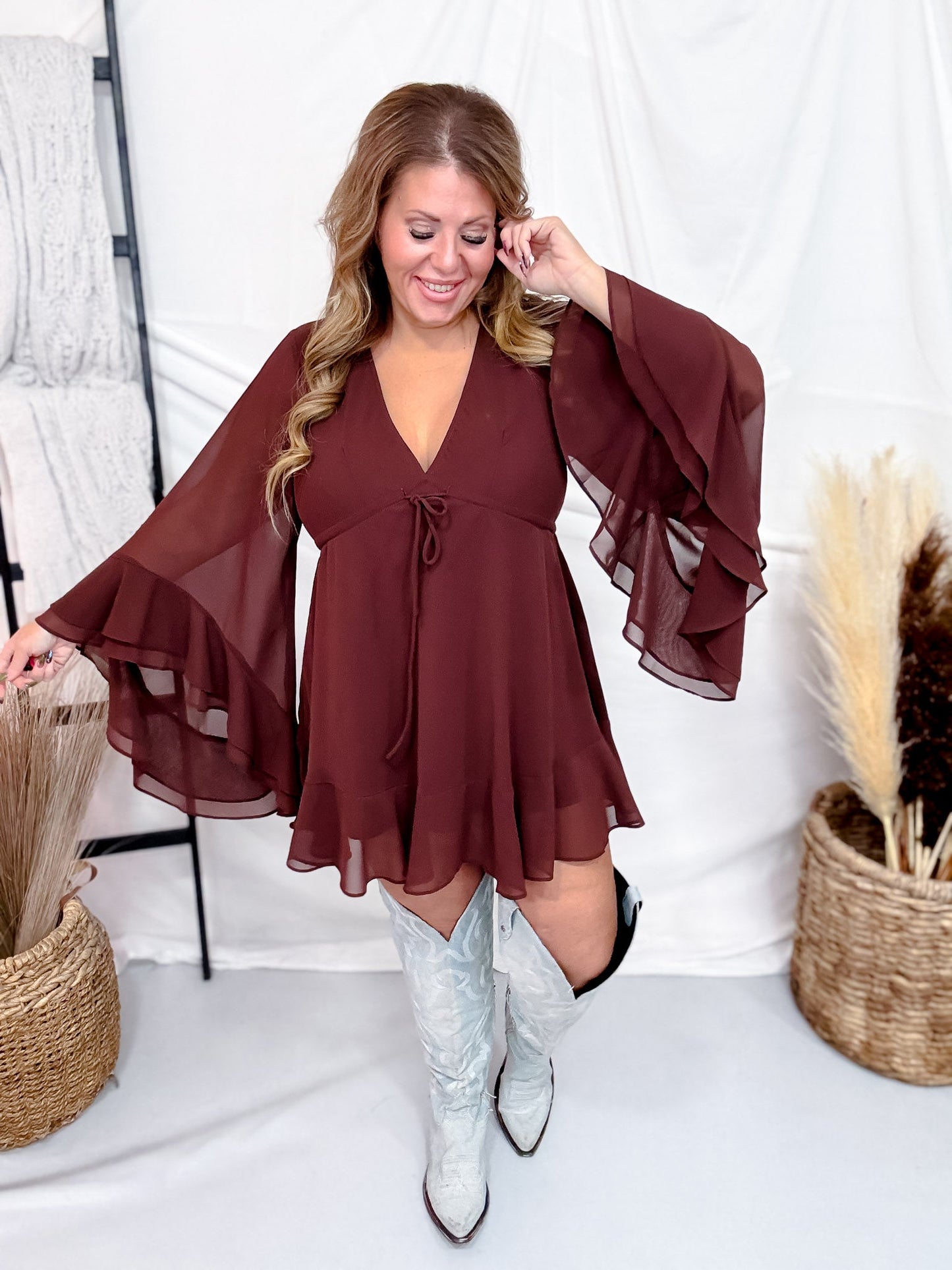 Dark Brown Ruffled V-Neck Mini Dress - Whiskey Skies - POLAGRAM + BAEVELY