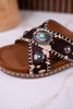 Dark Brown & Tan Faux Hairon Sandals With Turquoise Concho Accents - Whiskey Skies - VERY G
