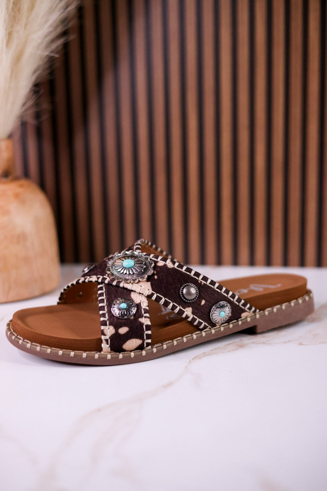 Dark Brown & Tan Faux Hairon Sandals With Turquoise Concho Accents - Whiskey Skies - VERY G