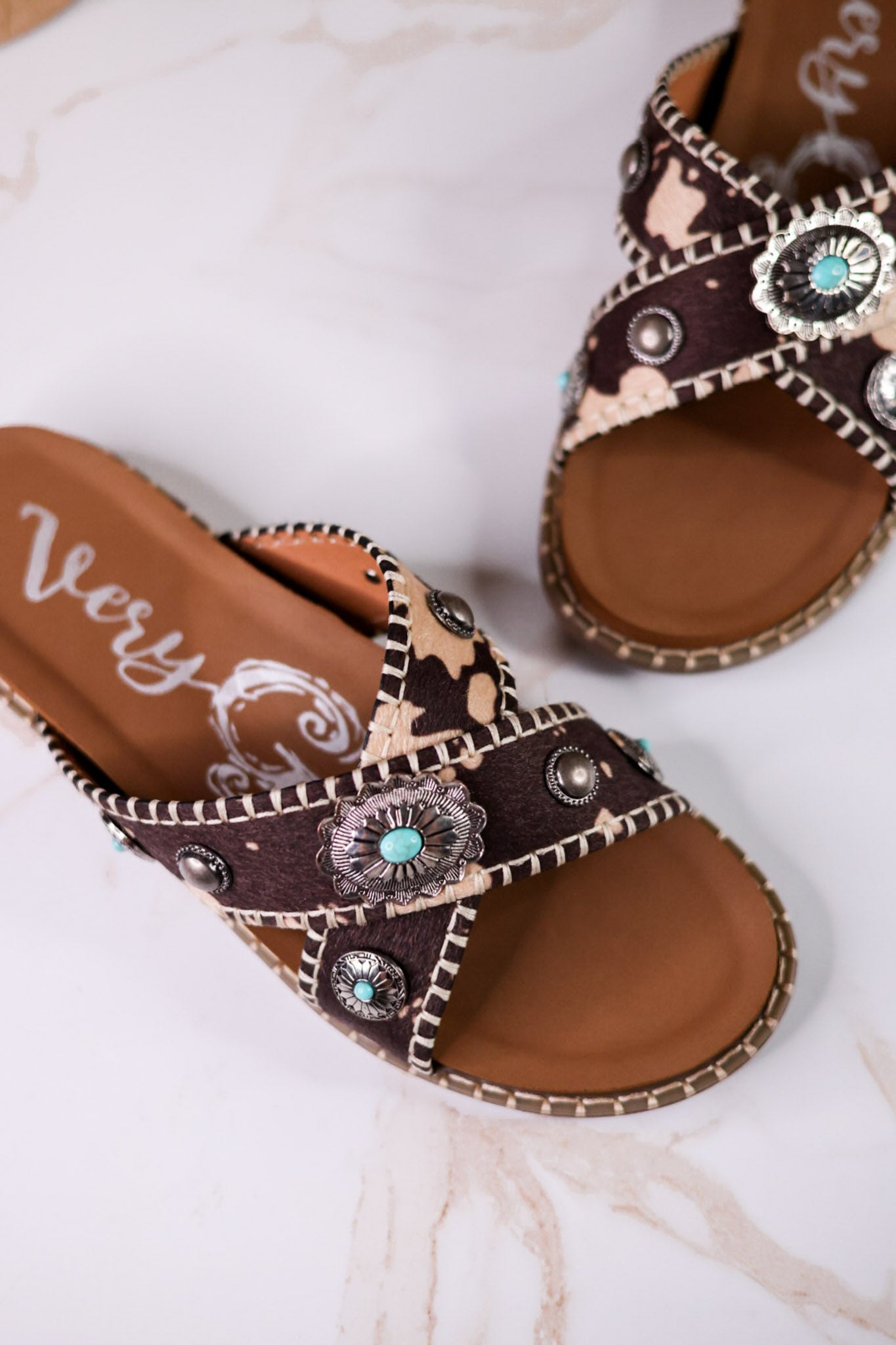 Dark Brown & Tan Faux Hairon Sandals With Turquoise Concho Accents - Whiskey Skies - VERY G
