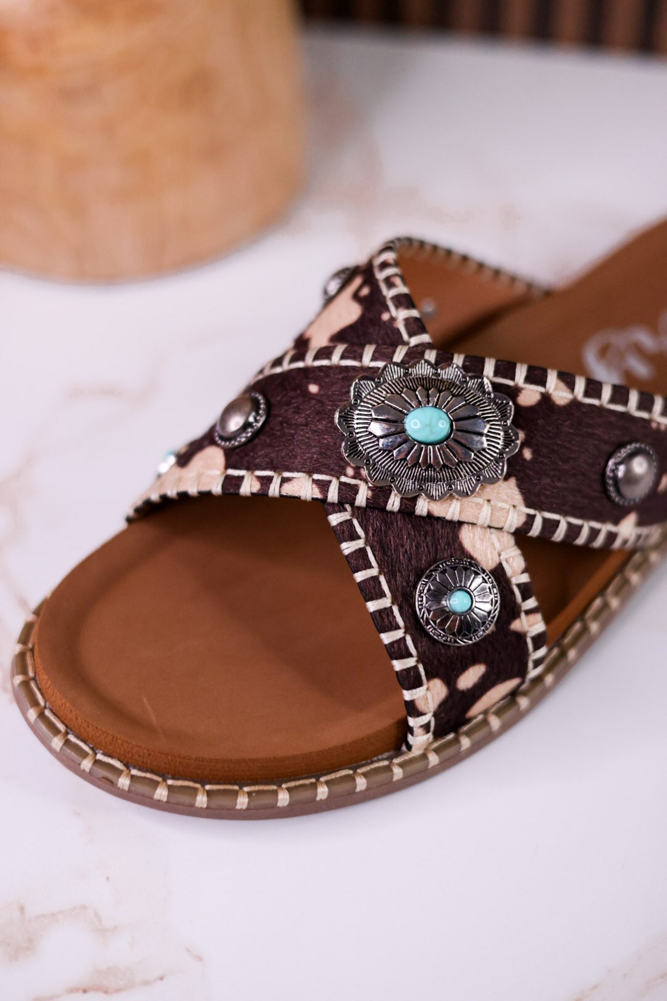 Dark Brown & Tan Faux Hairon Sandals With Turquoise Concho Accents - Whiskey Skies - VERY G