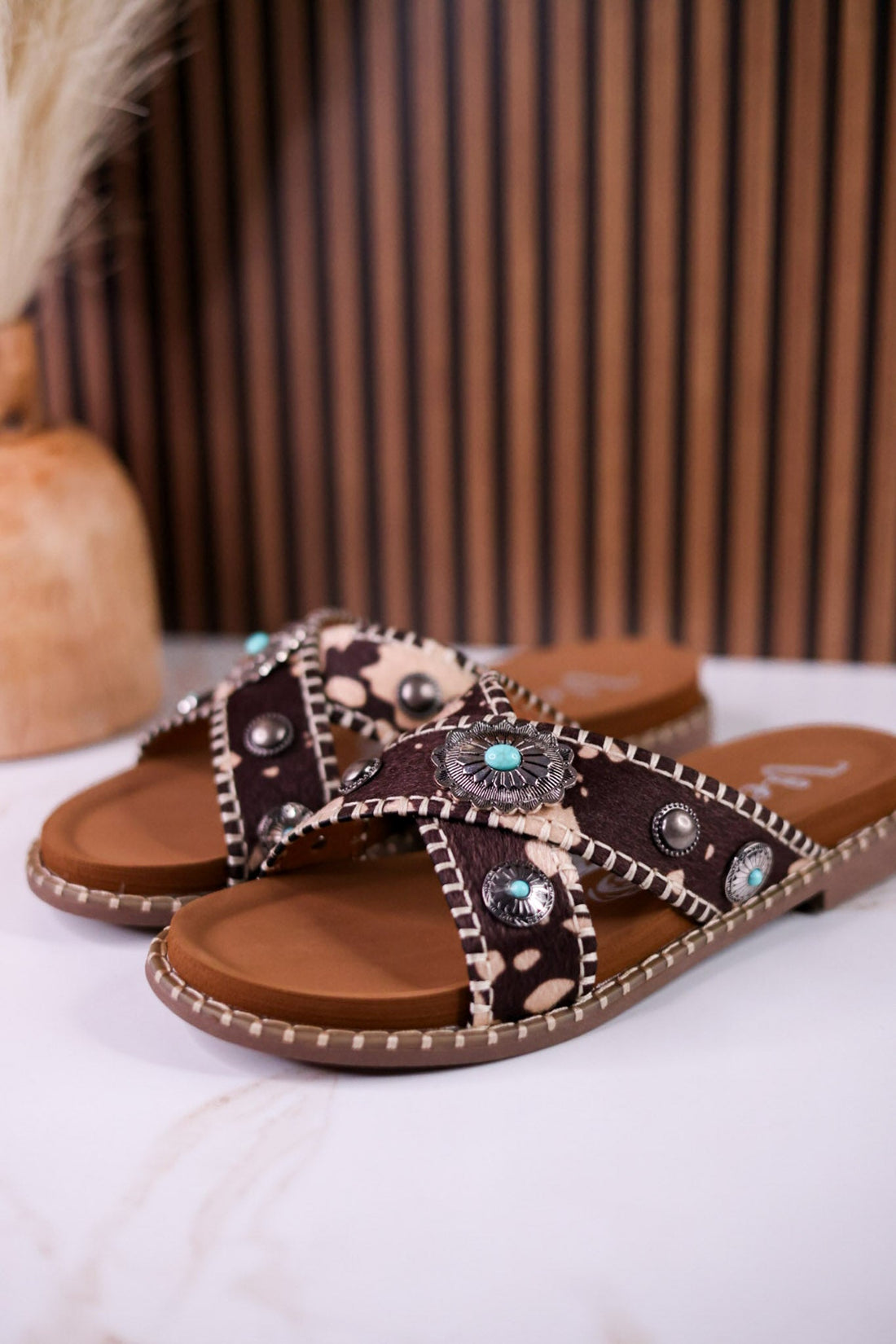Dark Brown & Tan Faux Hairon Sandals With Turquoise Concho Accents - Whiskey Skies - VERY G