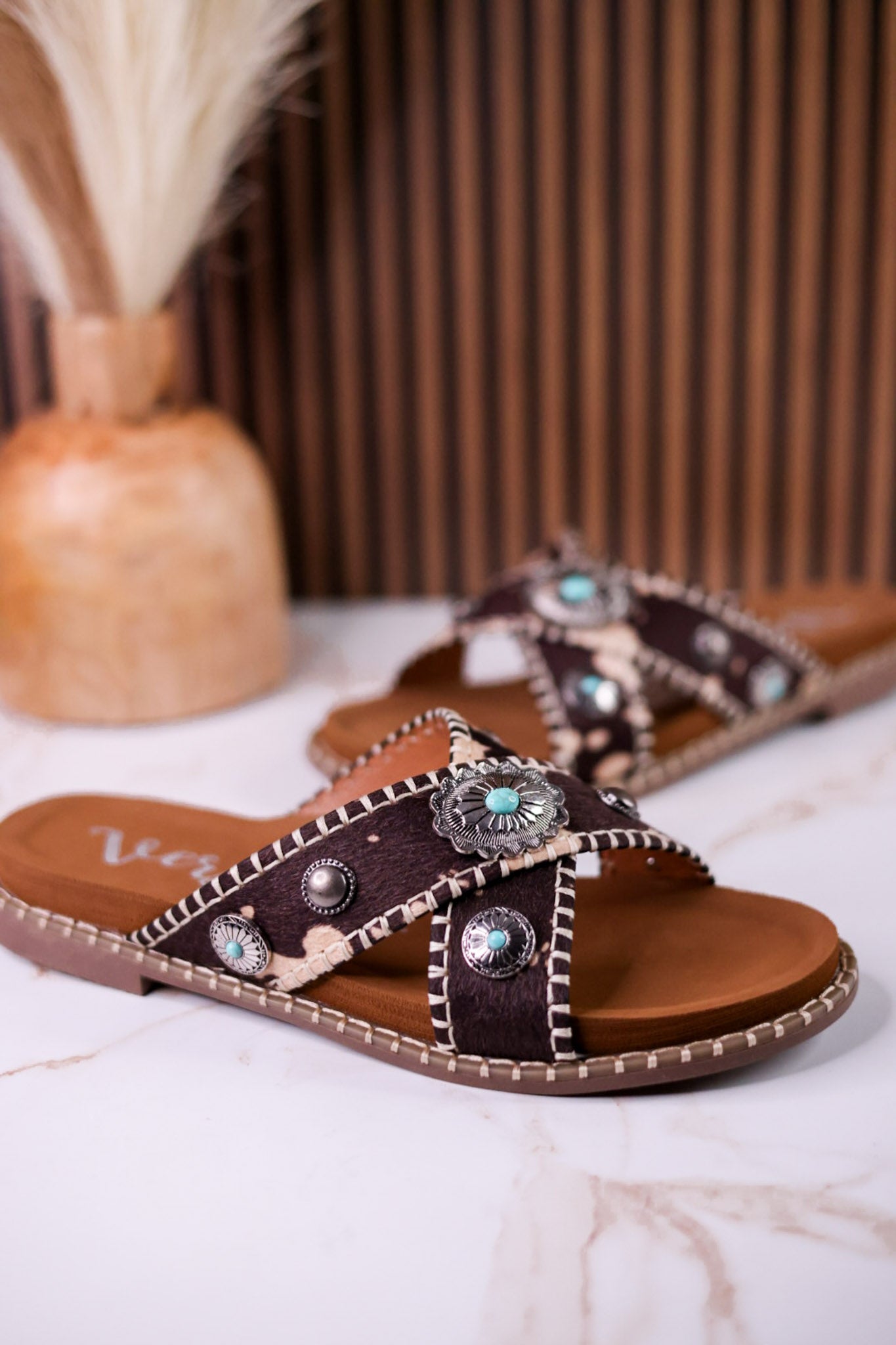 Dark Brown & Tan Faux Hairon Sandals With Turquoise Concho Accents - Whiskey Skies - VERY G
