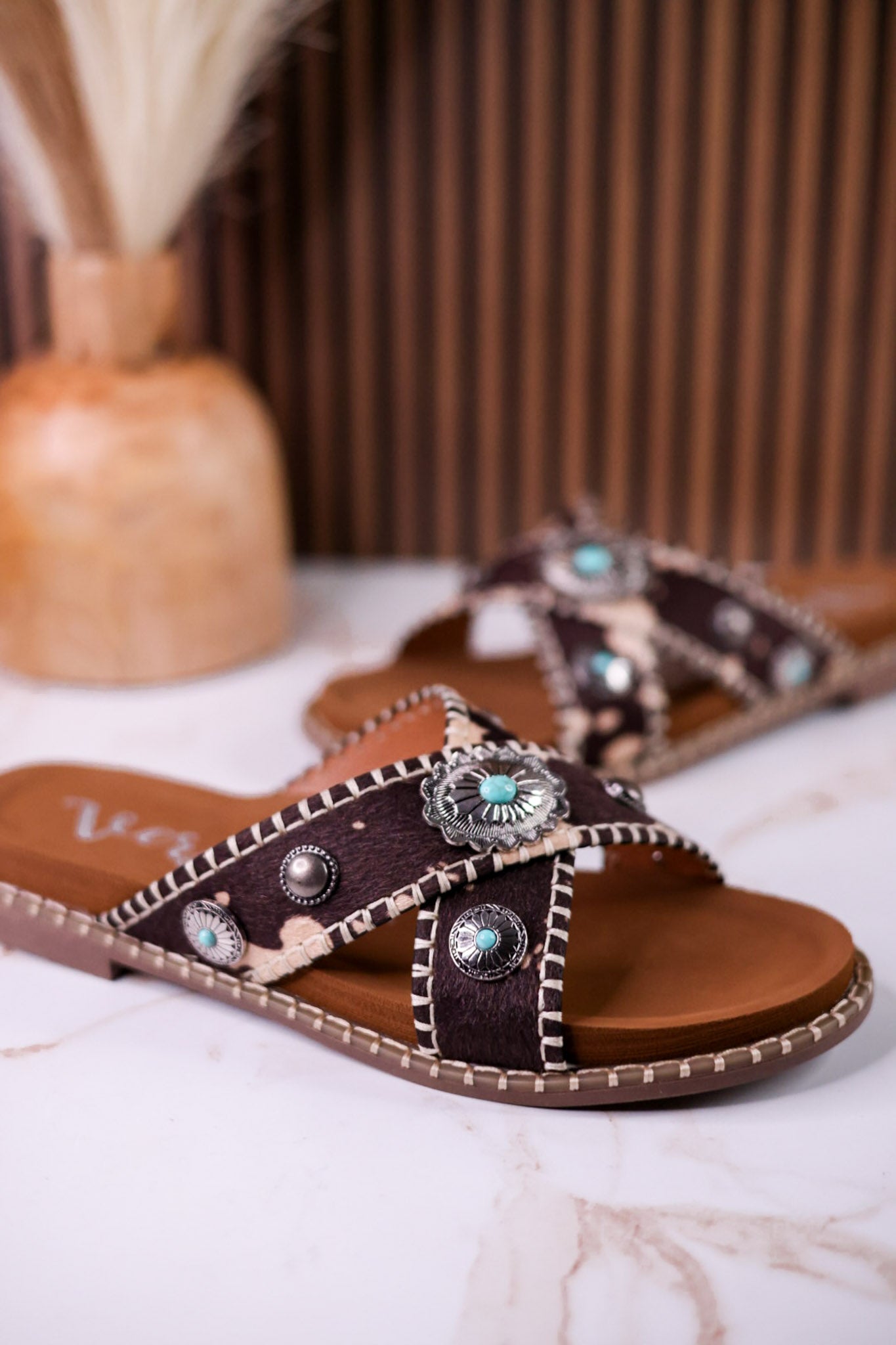 Dark Brown & Tan Faux Hairon Sandals With Turquoise Concho Accents - Whiskey Skies - VERY G