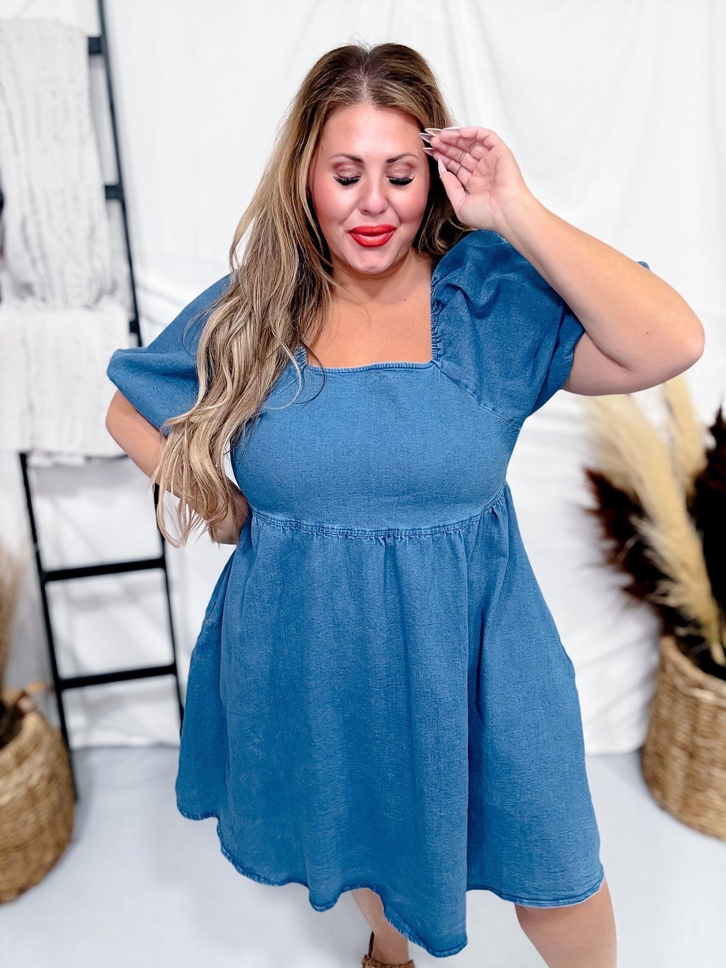 Dark Denim Elastic Waist Dress - Whiskey Skies - MIKAROSE