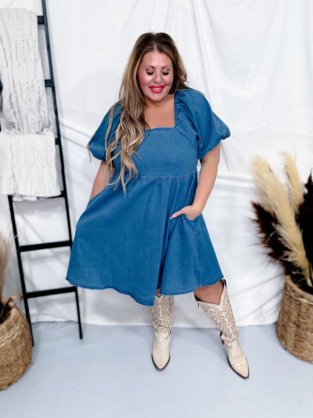 Dark Denim Elastic Waist Dress - Whiskey Skies - MIKAROSE