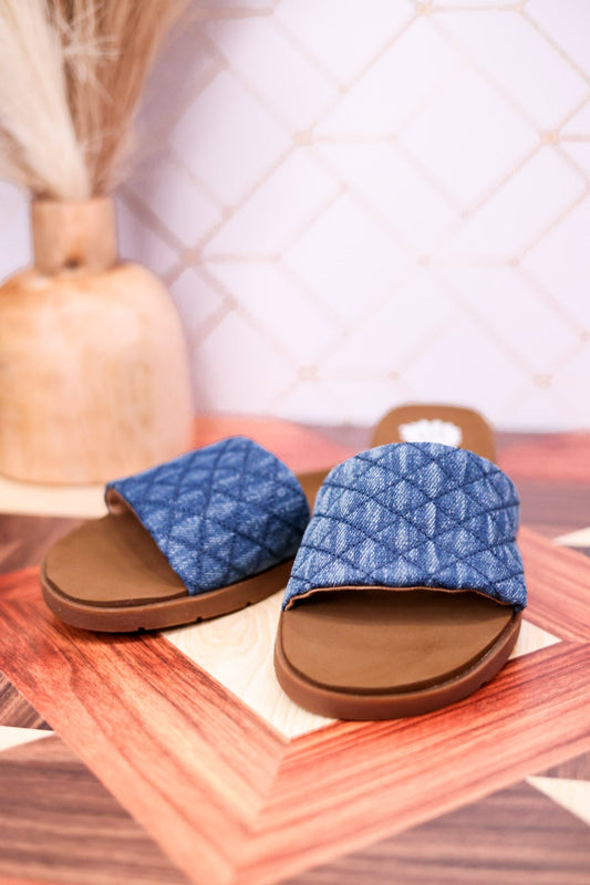 Dark Denim "Fitzy" Slide Sandals - Whiskey Skies - YELLOWBOX