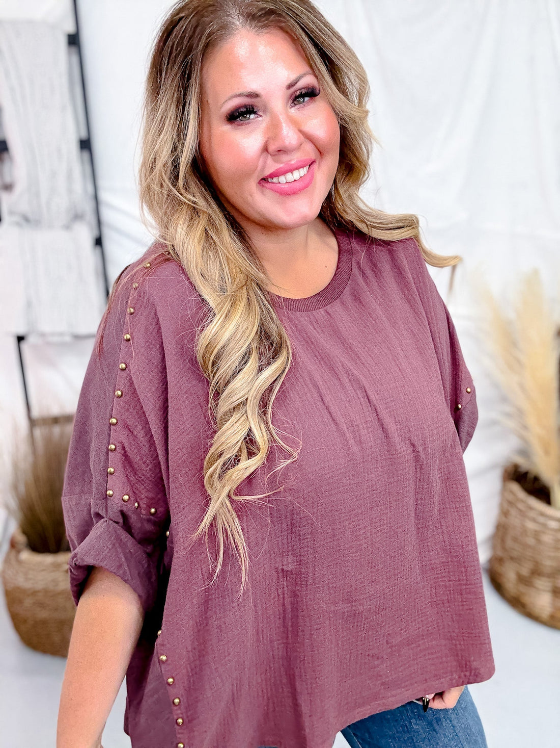 Dark Mauve Textured Short Sleeve Stud Embellished Hi - Lo Top - Whiskey Skies - JADE BY JANE
