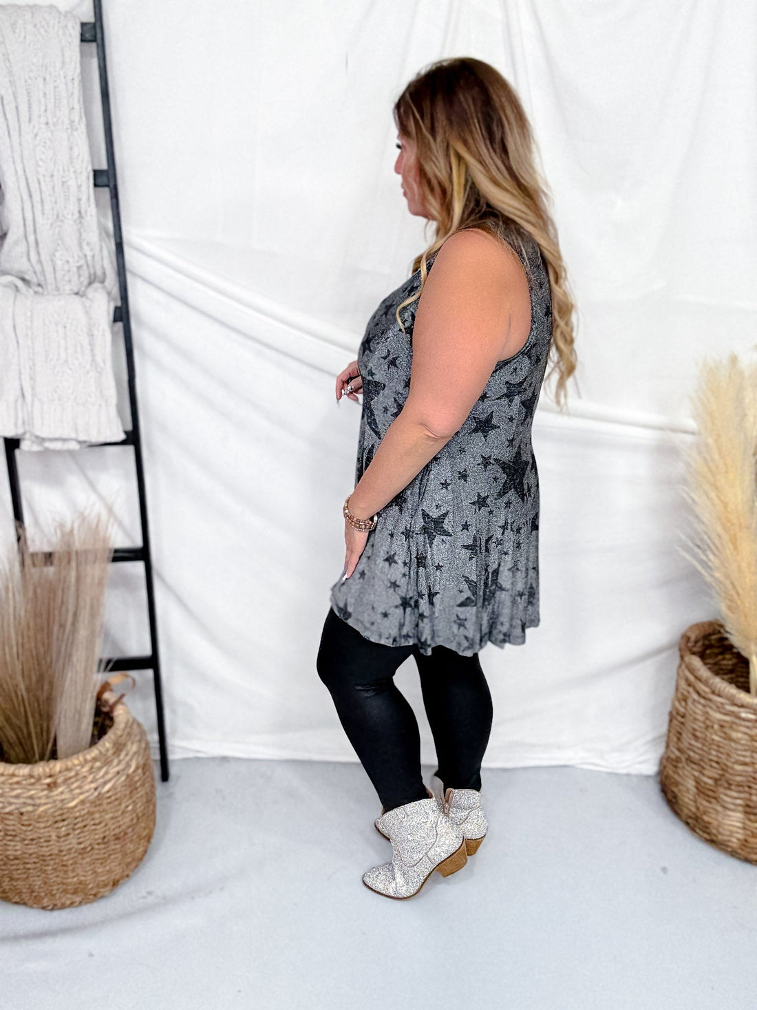 Dark Silver Star Print Sparkly Tunic Tank Top W/ Pockets - Whiskey Skies - ORIGAMI APPAREL
