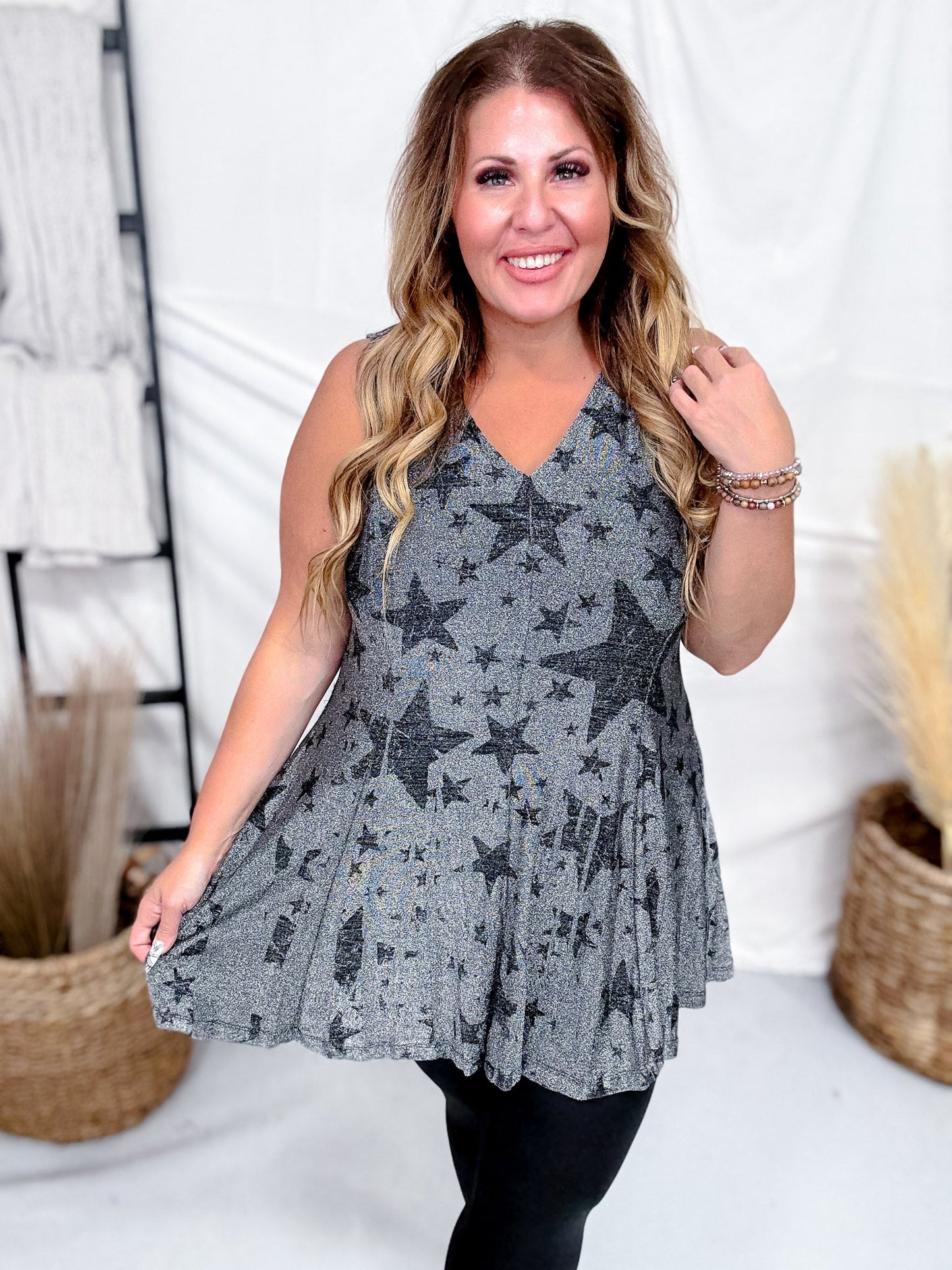 Dark Silver Star Print Sparkly Tunic Tank Top W/ Pockets - Whiskey Skies - ORIGAMI APPAREL