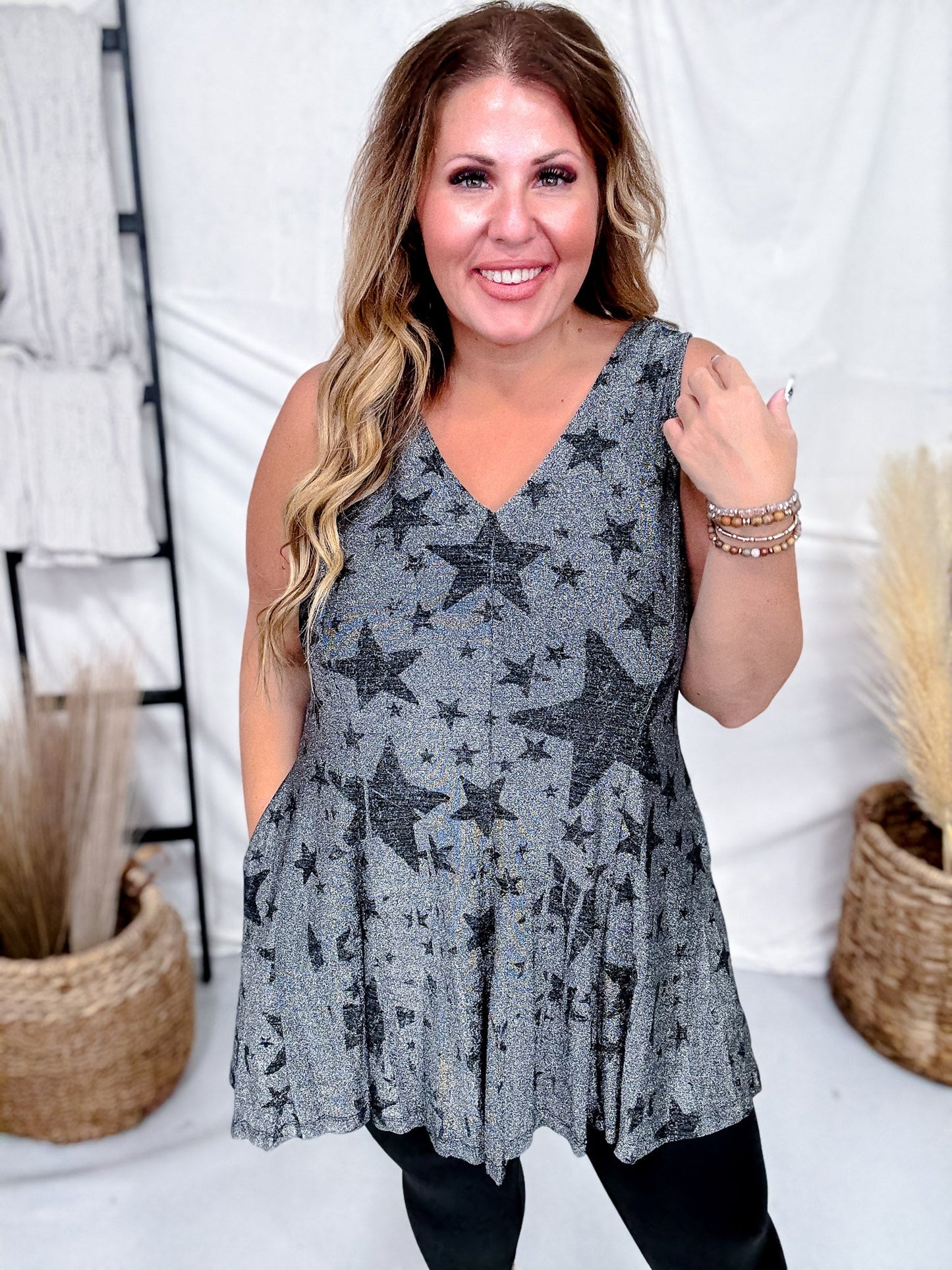 Dark Silver Star Print Sparkly Tunic Tank Top W/ Pockets - Whiskey Skies - ORIGAMI APPAREL