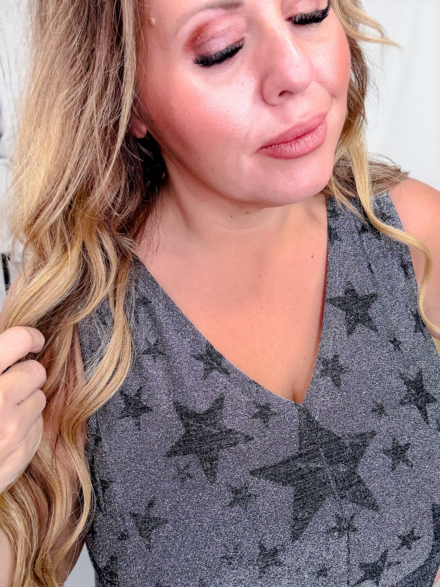 Dark Silver Star Print Sparkly Tunic Tank Top W/ Pockets - Whiskey Skies - ORIGAMI APPAREL