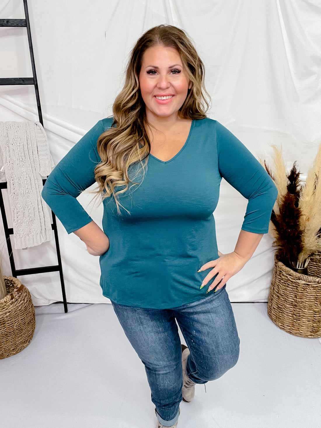 Dark Teal V - Neck 3/4 Sleeve Shirt - Whiskey Skies - DEAR SCARLETT