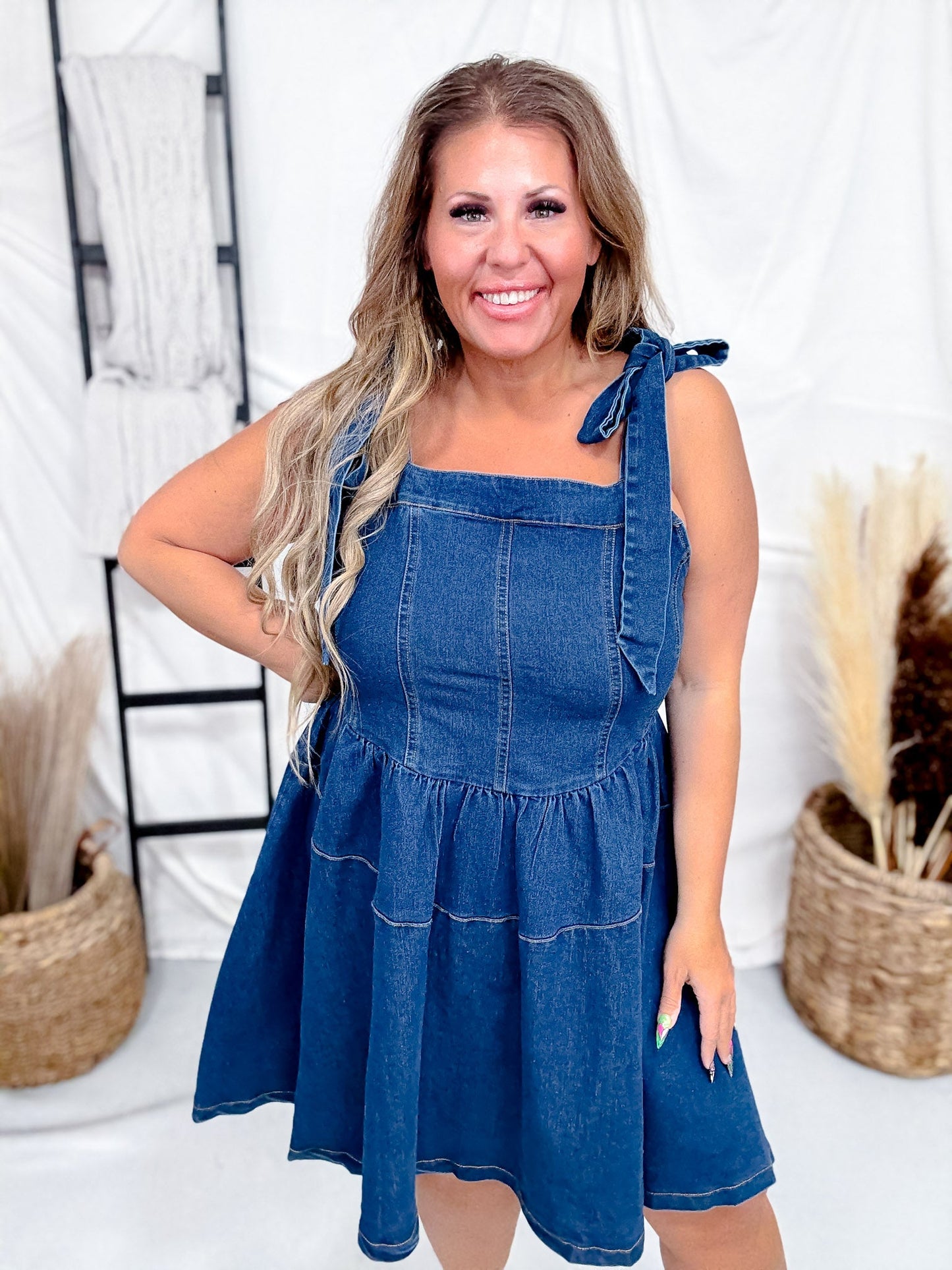 Dark Wash Denim Tie - Strap Mini Dress - Whiskey Skies - GEEGEE