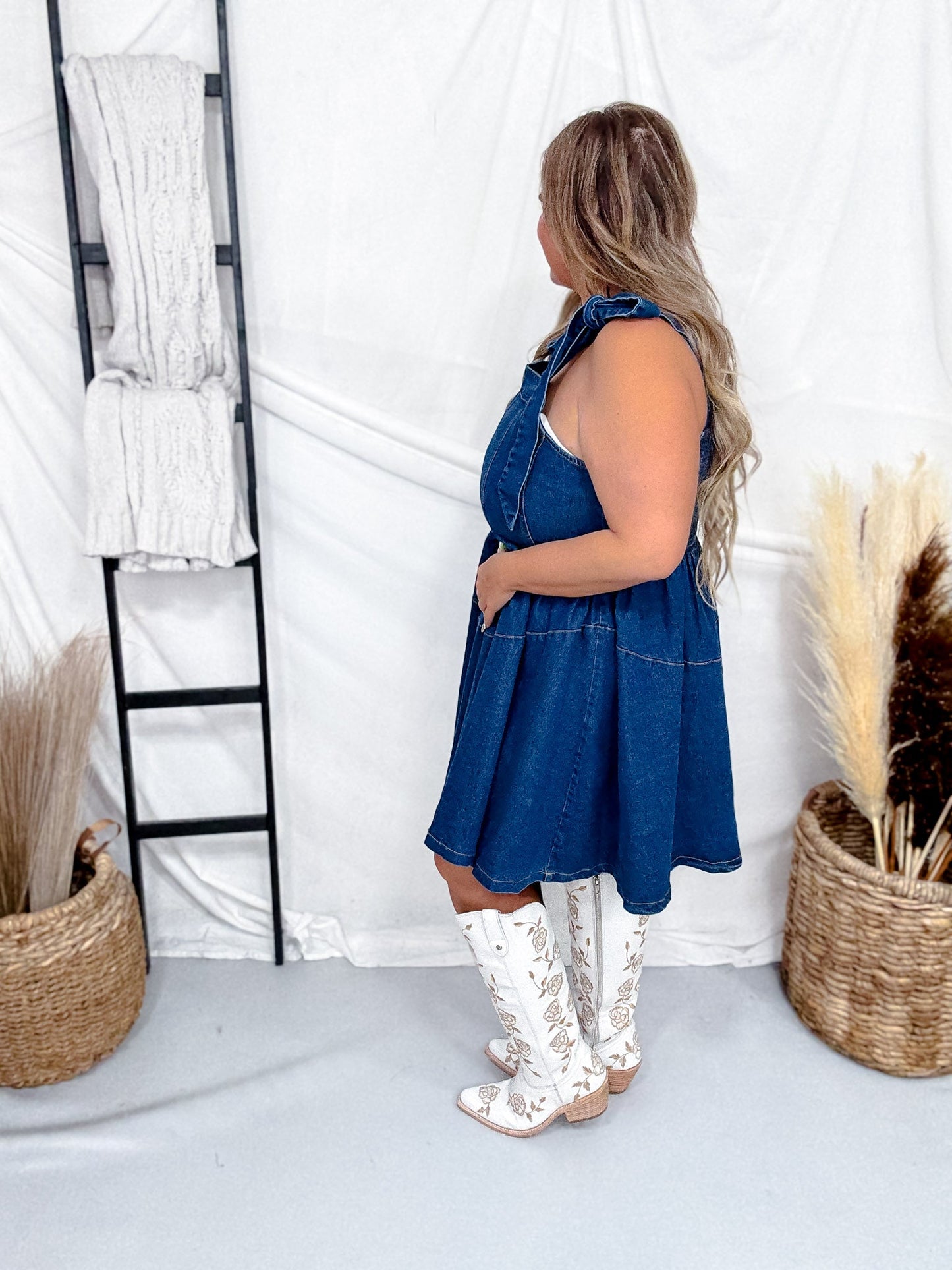 Dark Wash Denim Tie - Strap Mini Dress - Whiskey Skies - GEEGEE