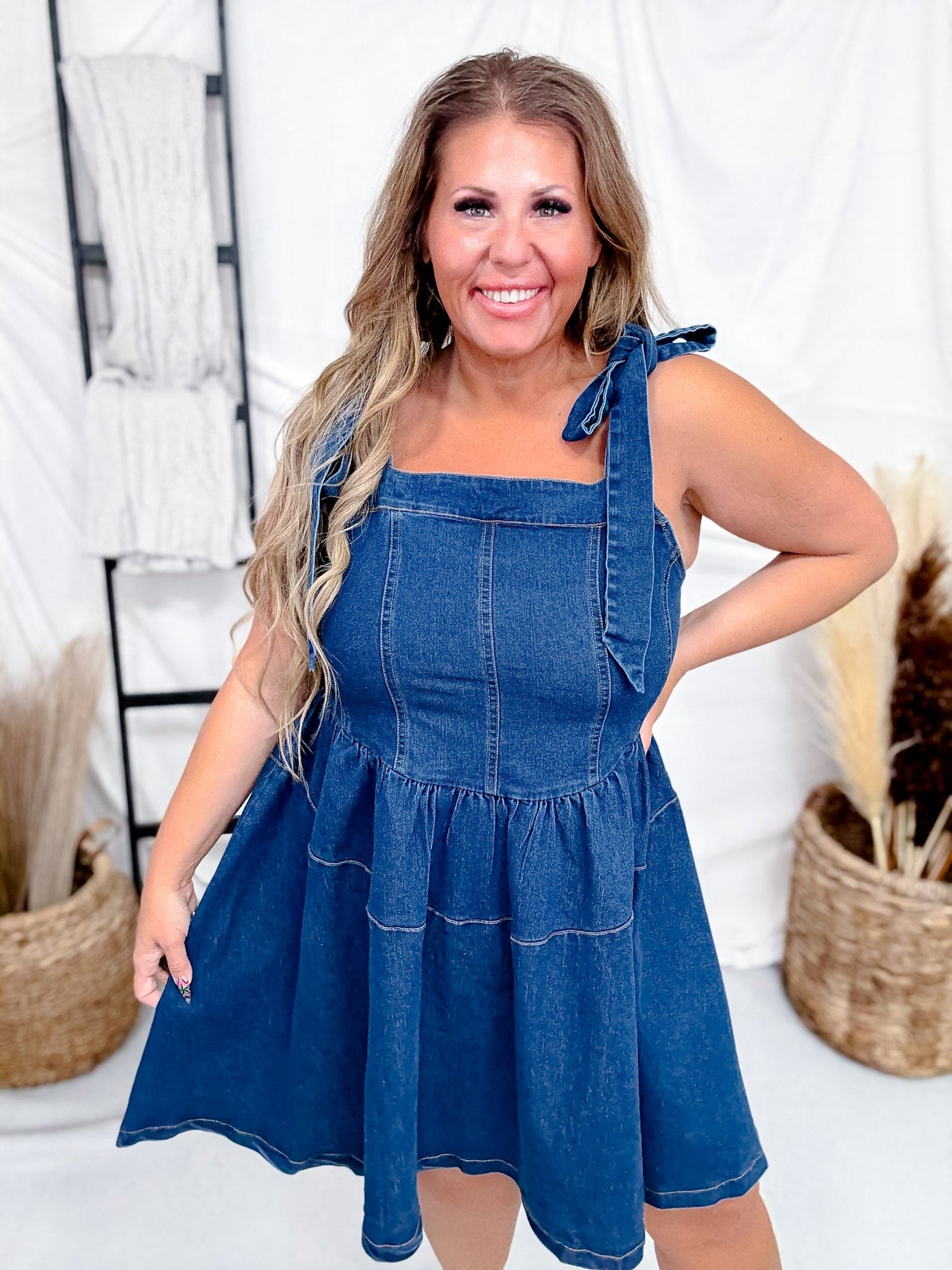 Dark Wash Denim Tie-Strap Mini Dress
