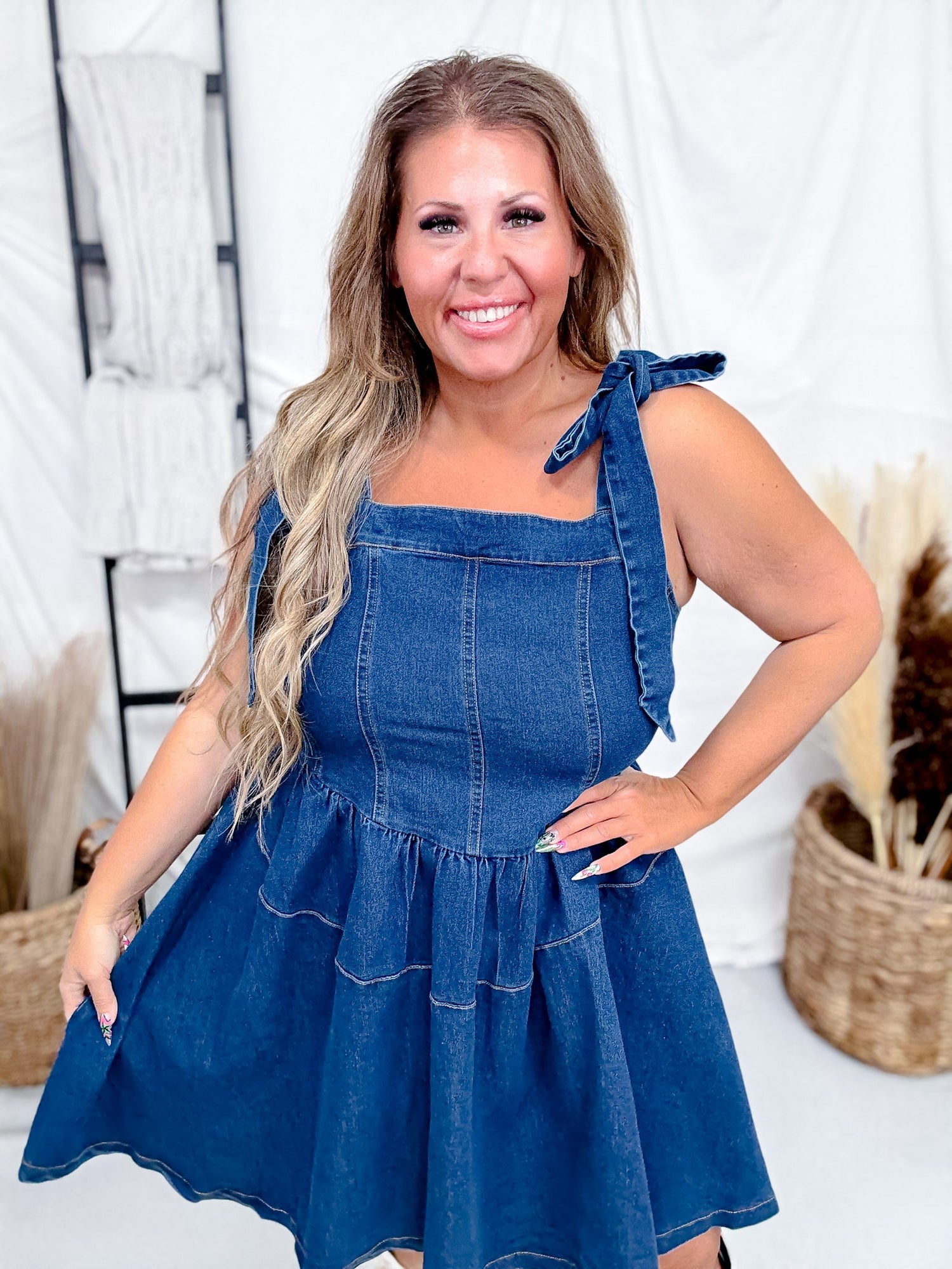 Dark Wash Denim Tie-Strap Mini Dress