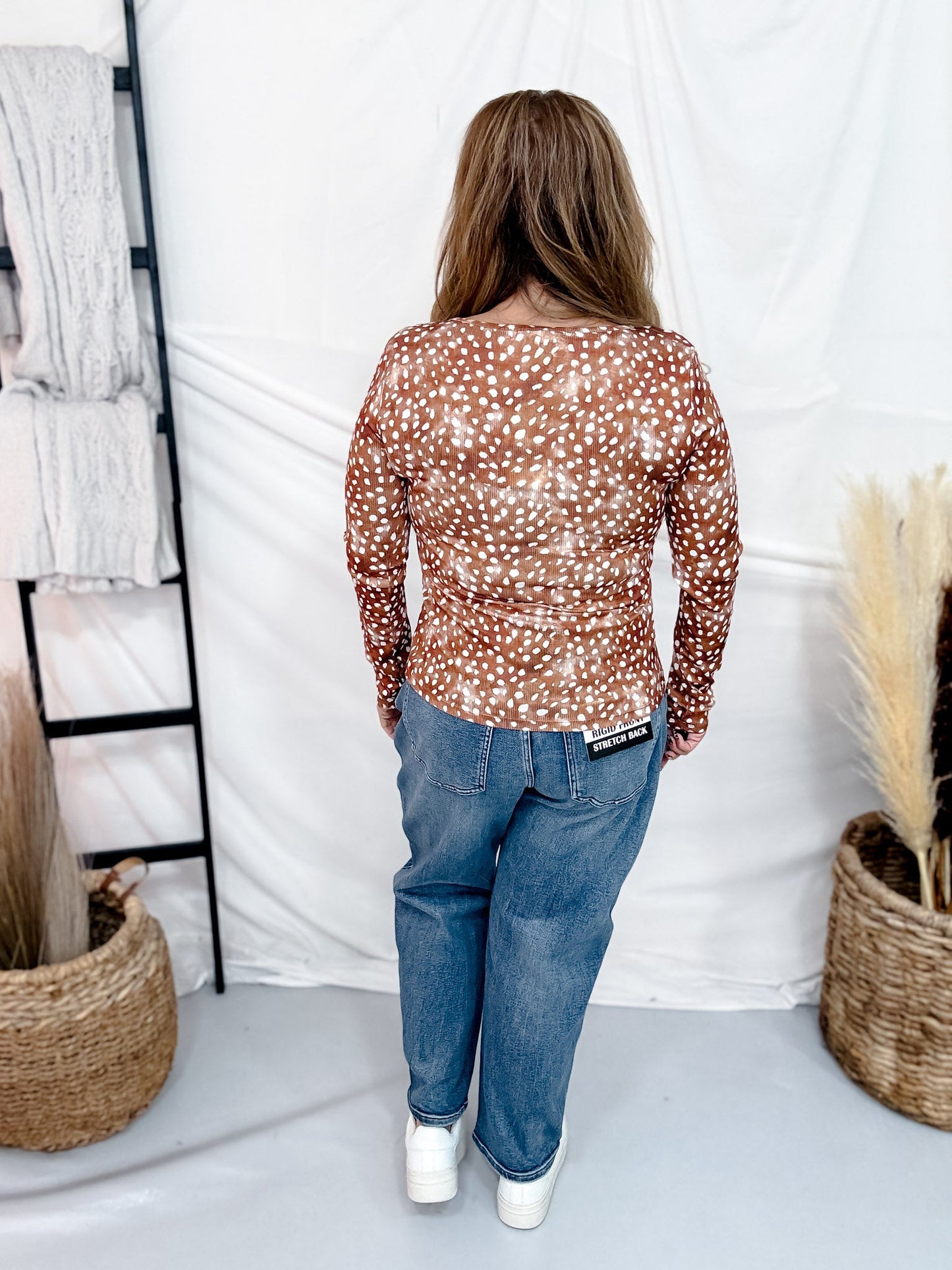Deer Print Long Sleeve Ribbed Square Neck Top - Whiskey Skies - SOUTHERN GRACE