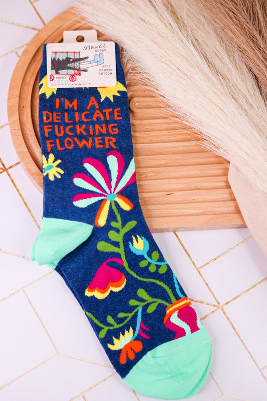 "Delicate Fucking Flower" Women's Crew Socks - Whiskey Skies - BLUE Q