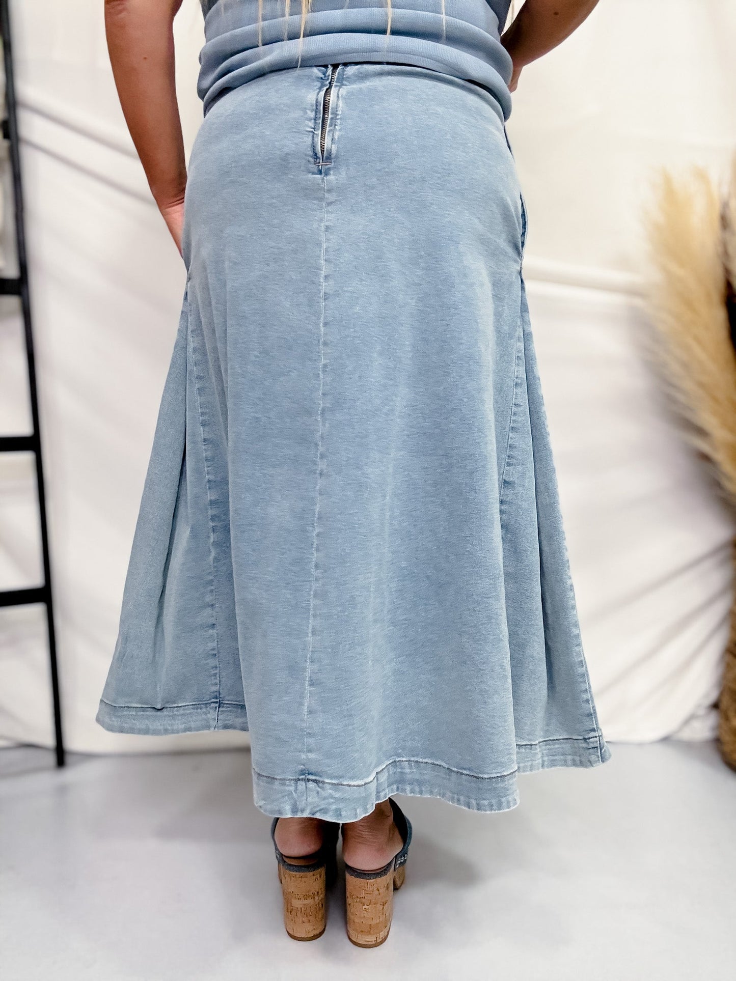 Denim A - Line Zip - Up Midi Skirt - Whiskey Skies - POLAGRAM + BAEVELY