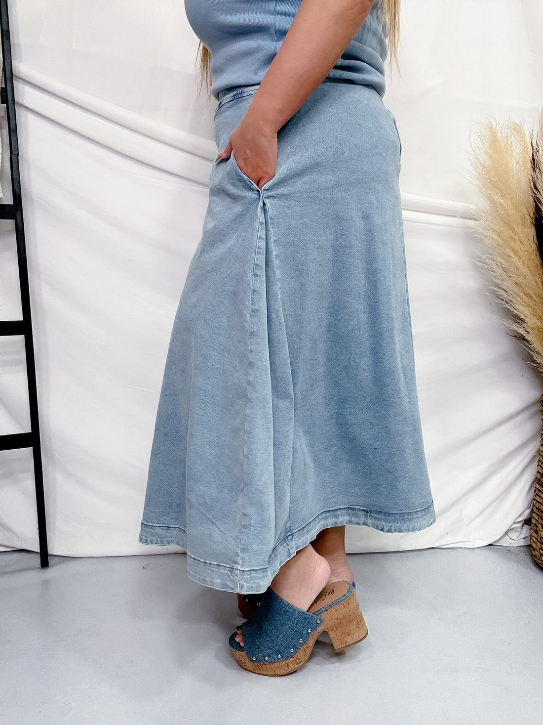 Denim A - Line Zip - Up Midi Skirt - Whiskey Skies - POLAGRAM + BAEVELY