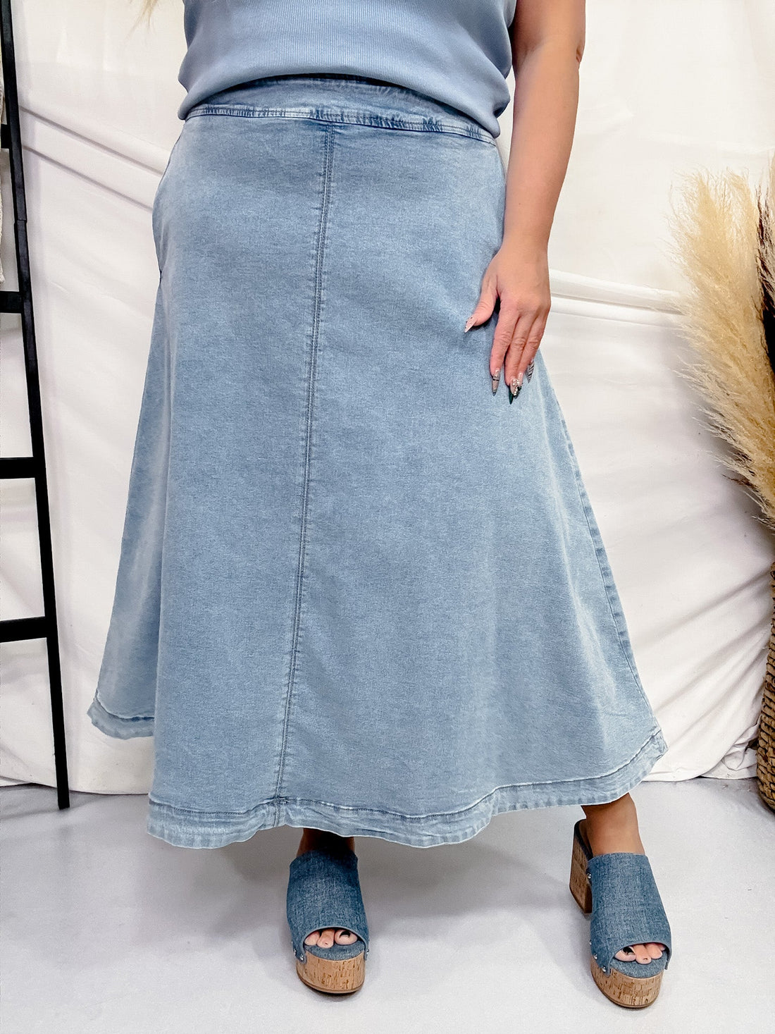 Denim A - Line Zip - Up Midi Skirt - Whiskey Skies - POLAGRAM + BAEVELY