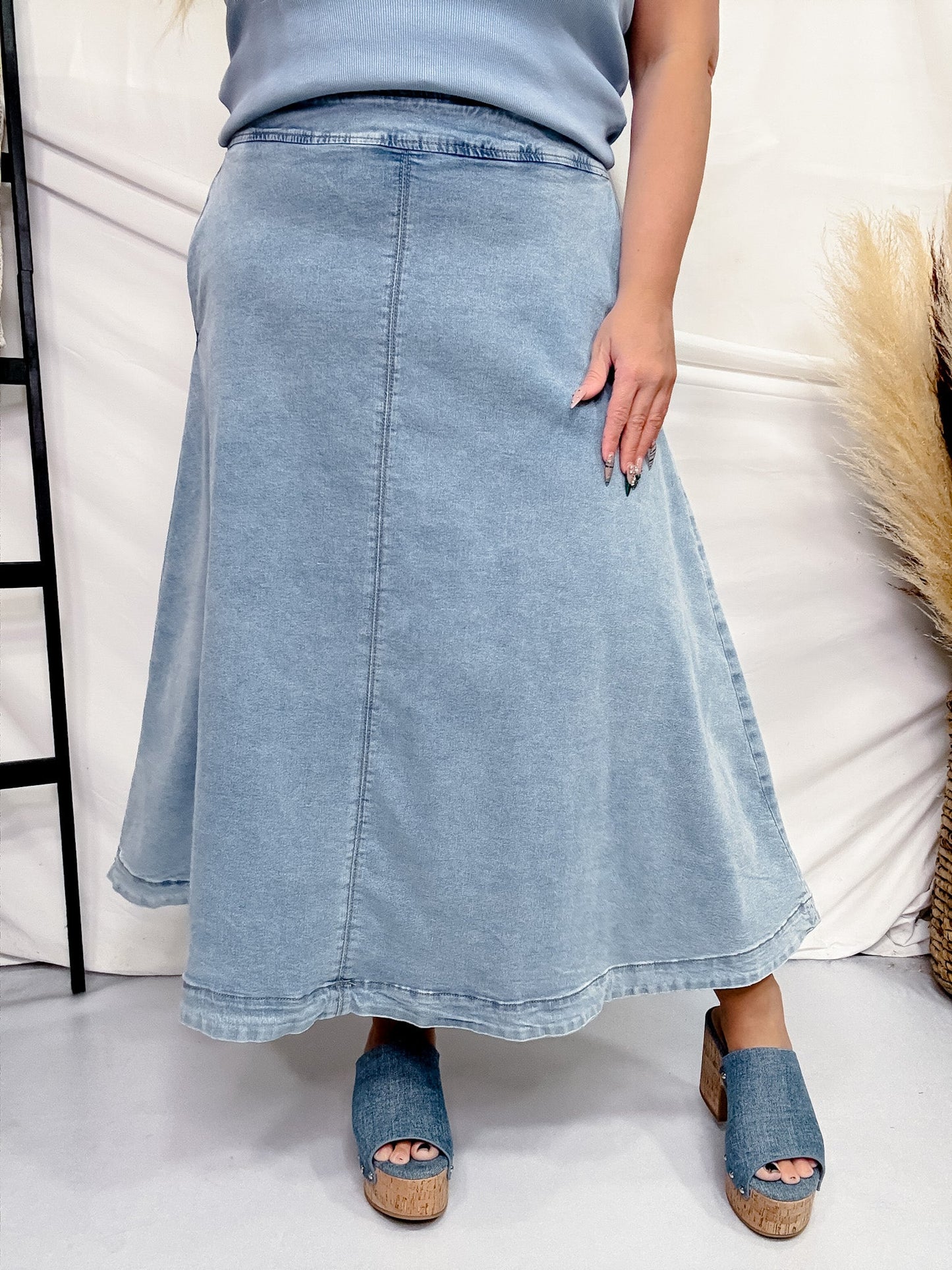Denim A - Line Zip - Up Midi Skirt - Whiskey Skies - POLAGRAM + BAEVELY