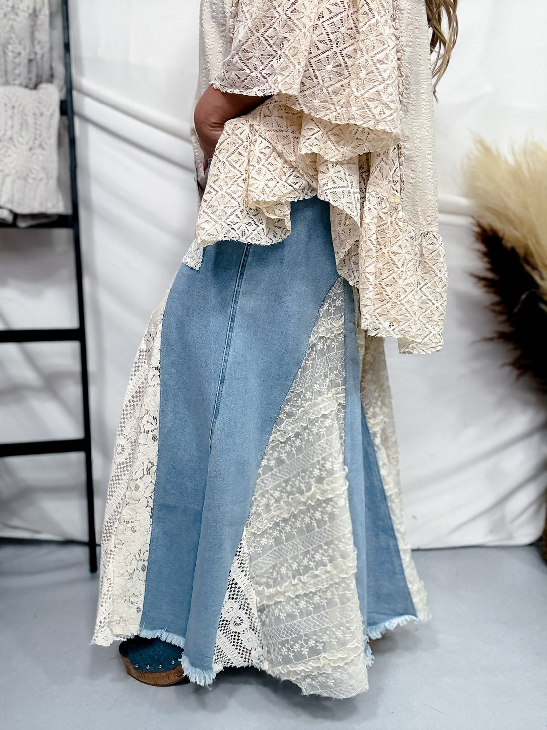 Denim and Lace Wide Leg Flare Pants - Whiskey Skies - OLI & HALI