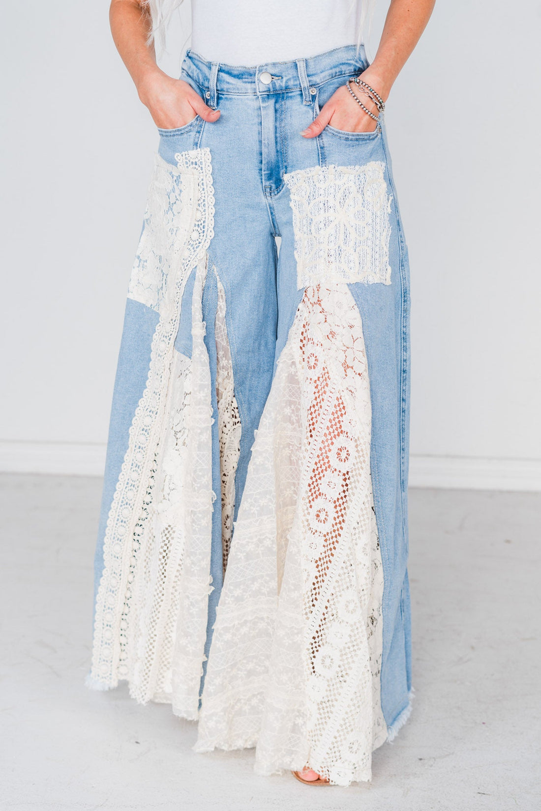 Denim and Lace Wide Leg Flare Pants - Whiskey Skies - OLI & HALI