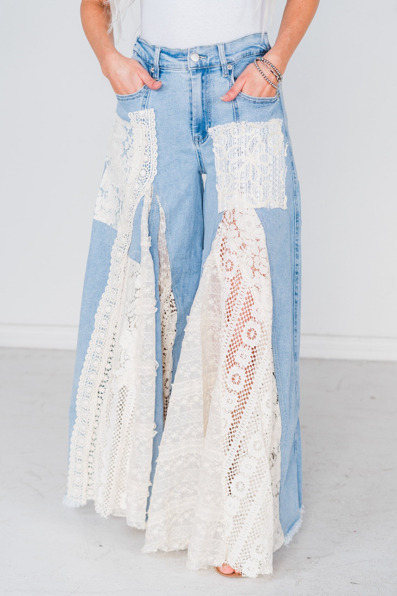 Denim and Lace Wide Leg Flare Pants - Whiskey Skies - OLI & HALI
