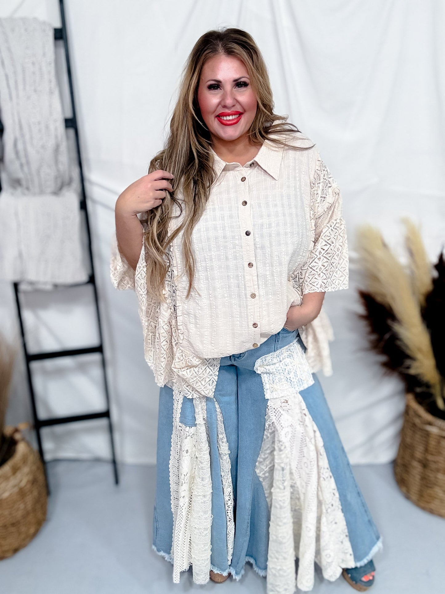 Denim and Lace Wide Leg Flare Pants - Whiskey Skies - OLI & HALI