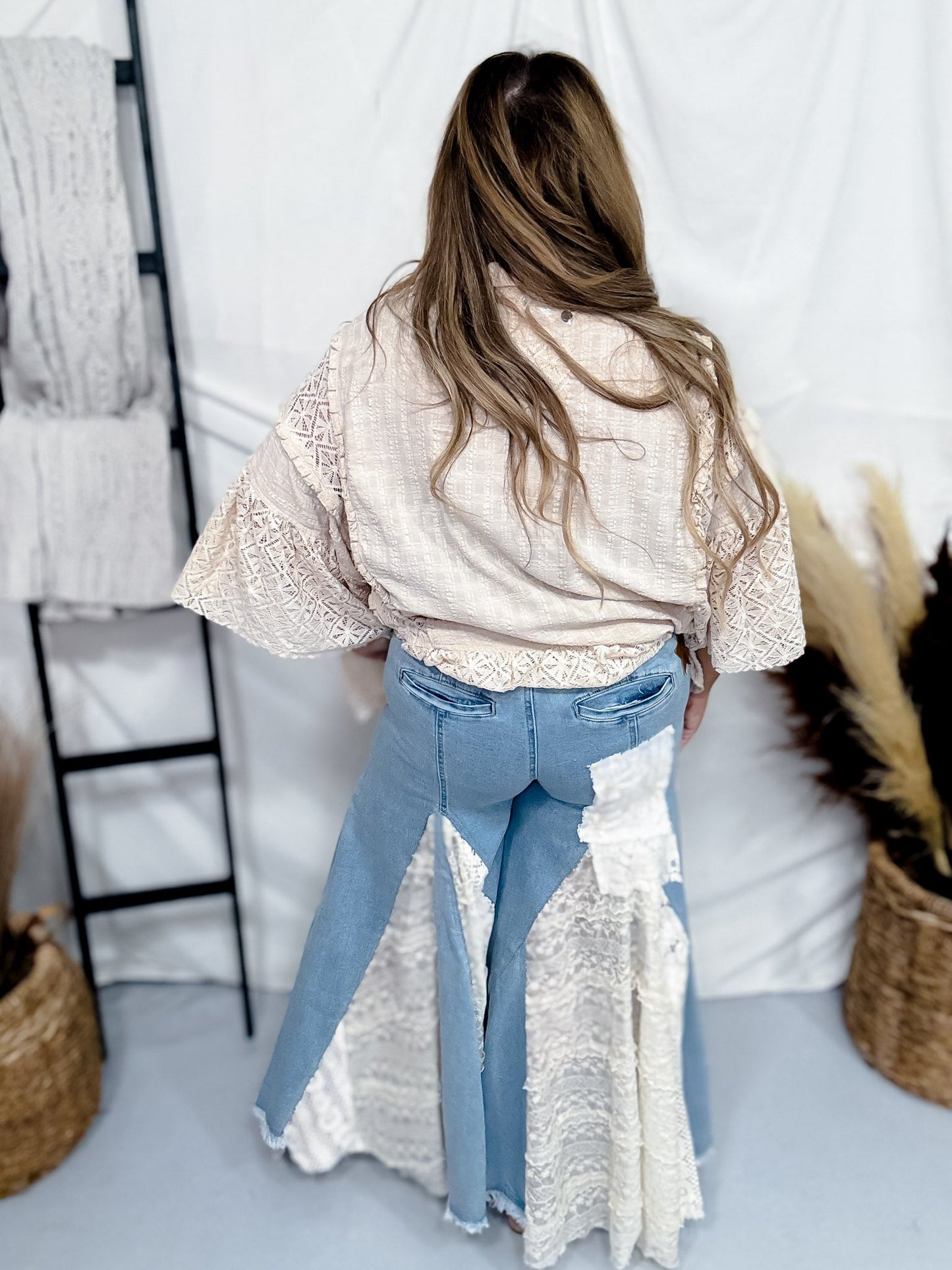 Denim and Lace Wide Leg Flare Pants - Whiskey Skies - OLI & HALI