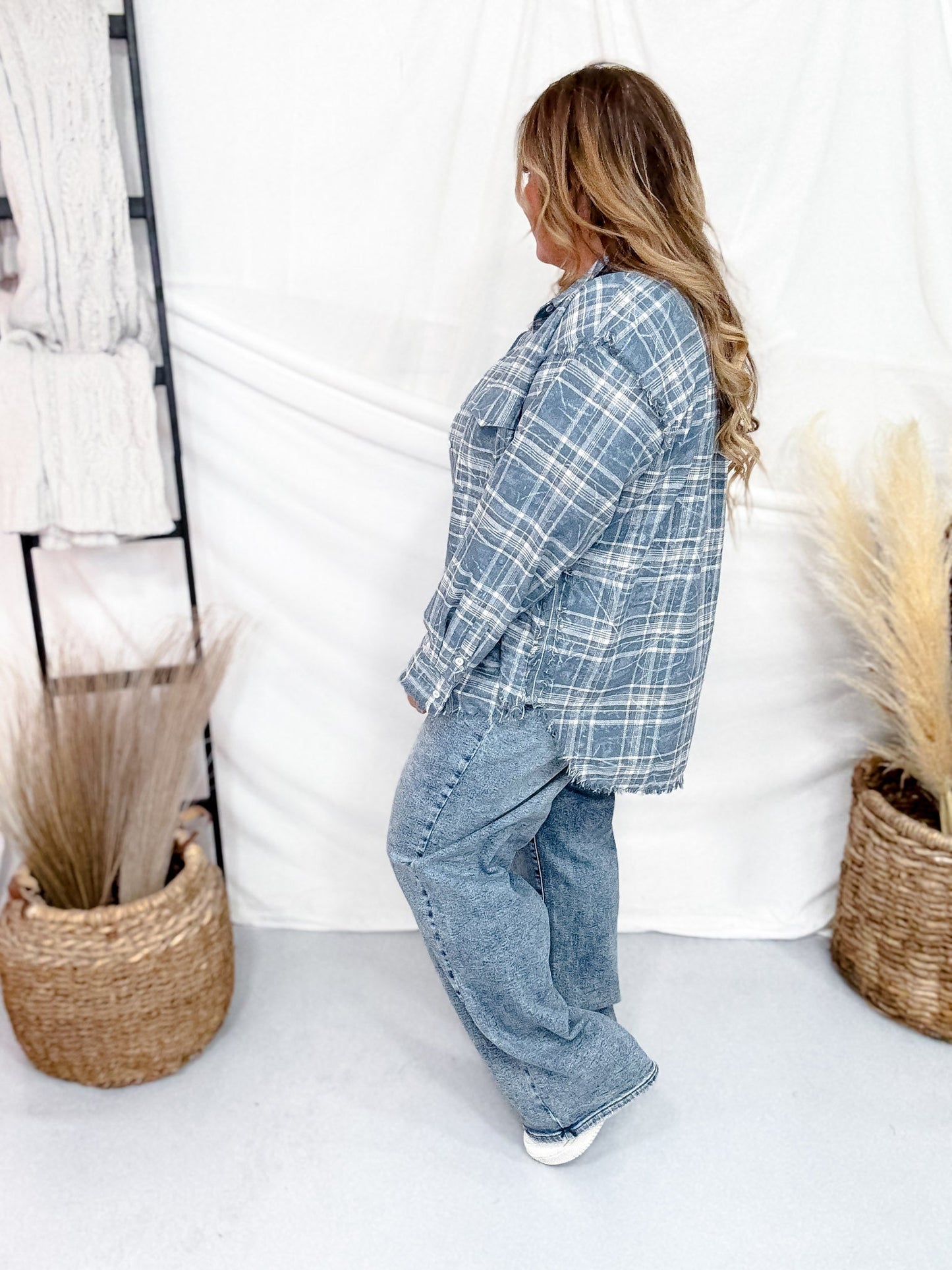 Denim Blue Long Sleeve Plaid Button Up Top W/ Front Patch Pockets - Whiskey Skies - WHITE BIRCH