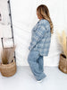 Denim Blue Long Sleeve Plaid Button Up Top W/ Front Patch Pockets - Whiskey Skies - WHITE BIRCH
