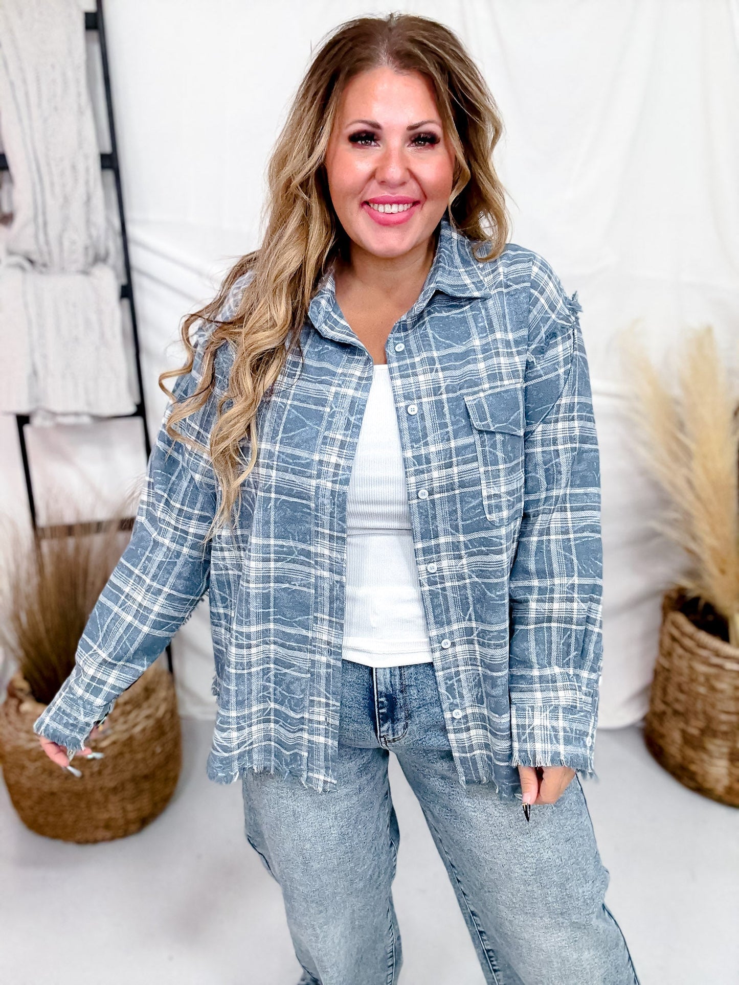 Denim Blue Long Sleeve Plaid Button Up Top W/ Front Patch Pockets - Whiskey Skies - WHITE BIRCH