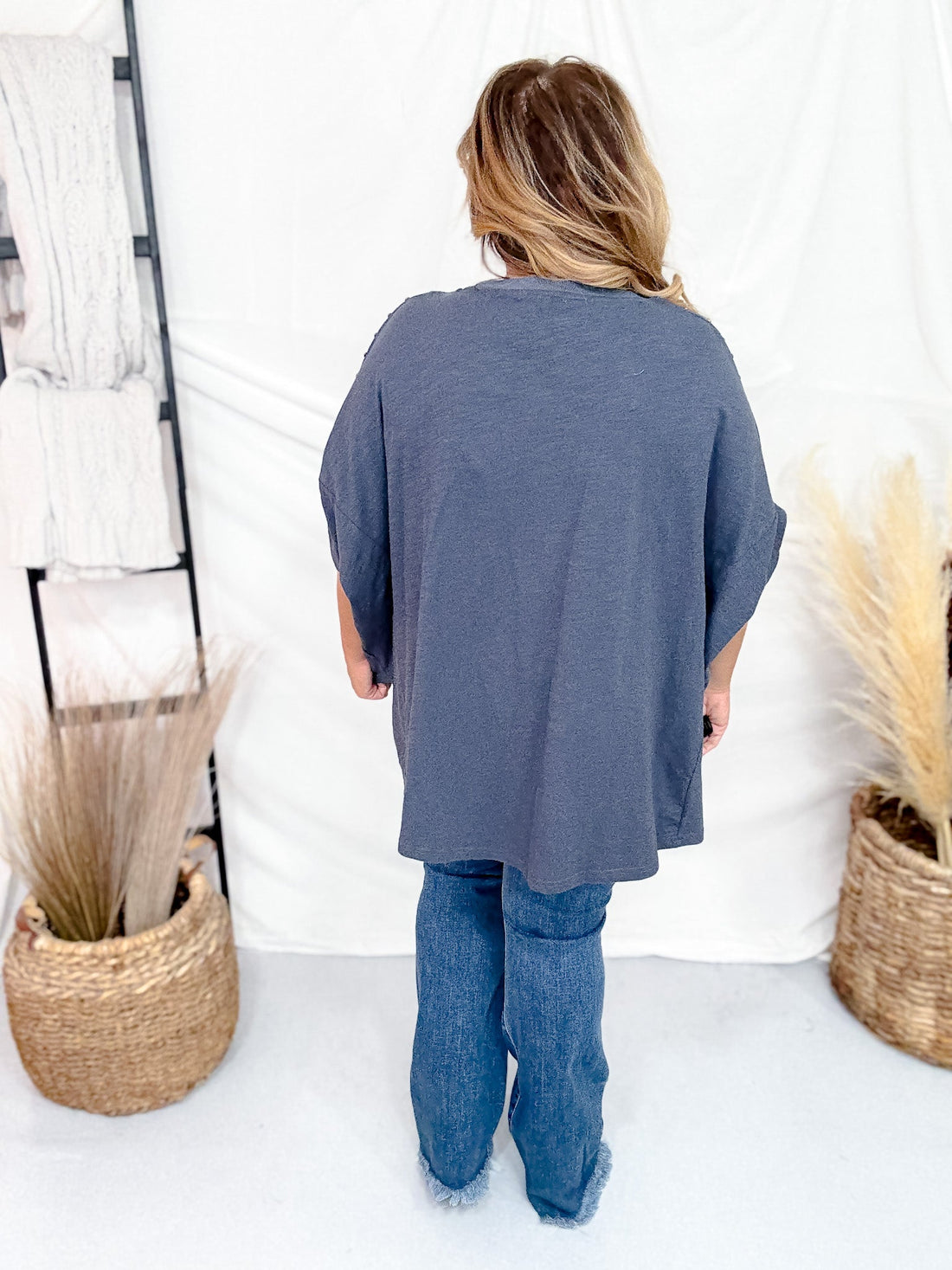 Denim Blue Textured Short Sleeve Stud Embellished Hi - Lo Top - Whiskey Skies - JADE BY JANE