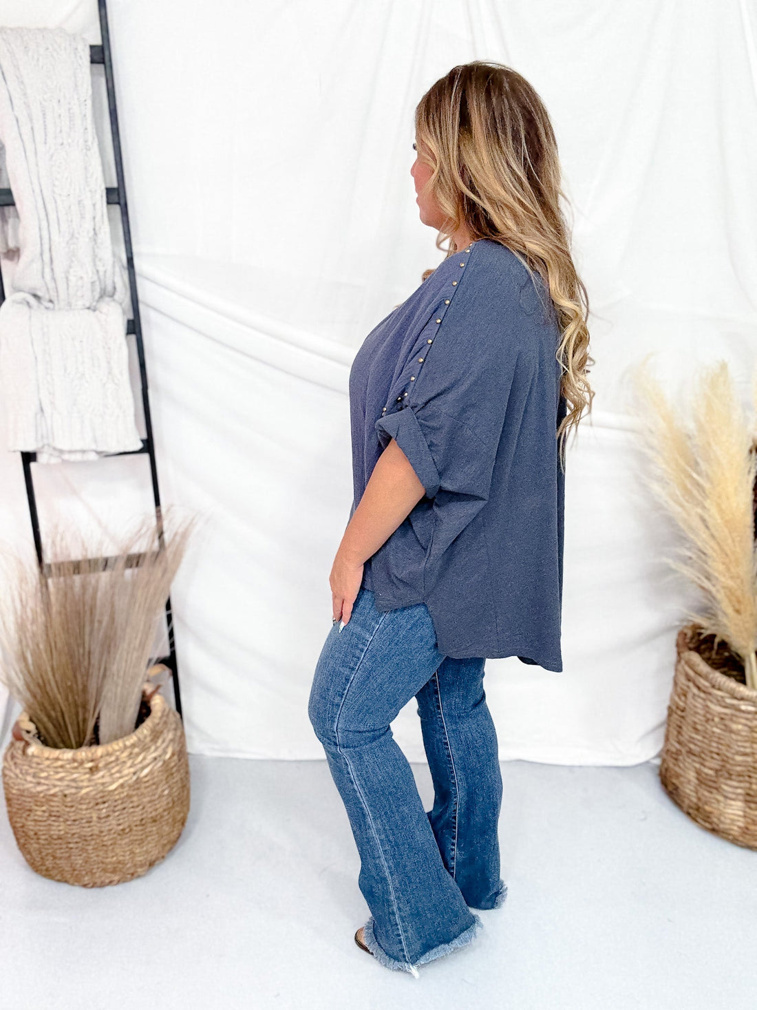Denim Blue Textured Short Sleeve Stud Embellished Hi - Lo Top - Whiskey Skies - JADE BY JANE