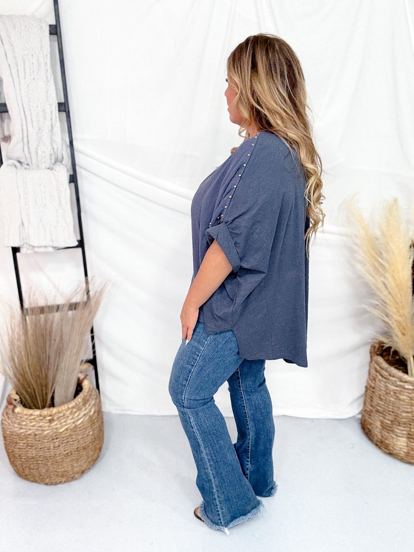 Denim Blue Textured Short Sleeve Stud Embellished Hi - Lo Top - Whiskey Skies - JADE BY JANE
