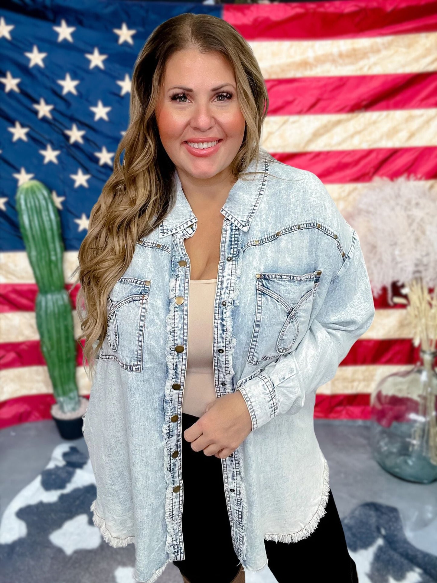 Denim Button Front Fringe Back Top - Whiskey Skies - BLUEVELVET