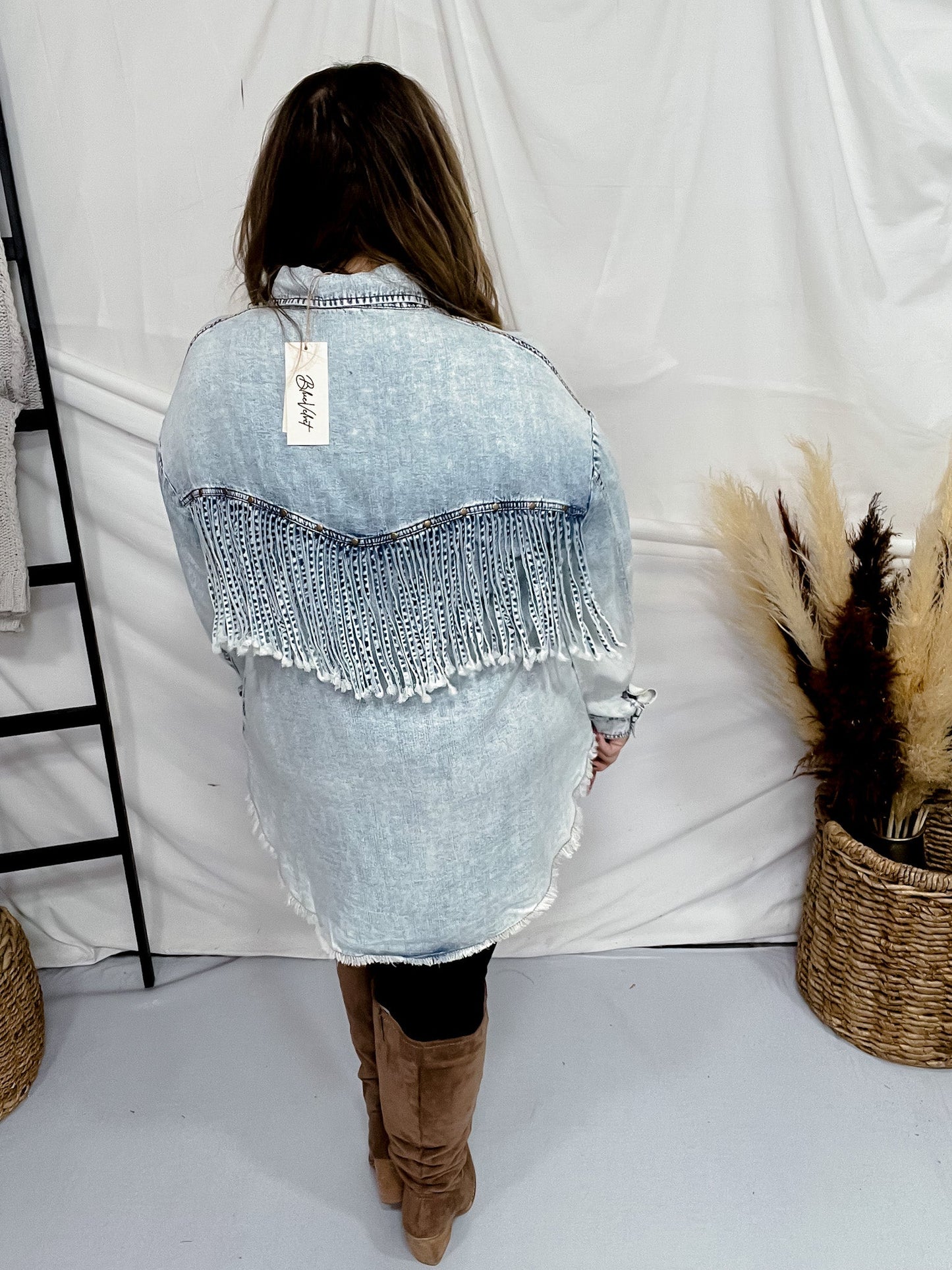 Denim Button Front Fringe Back Top - Whiskey Skies - BLUEVELVET