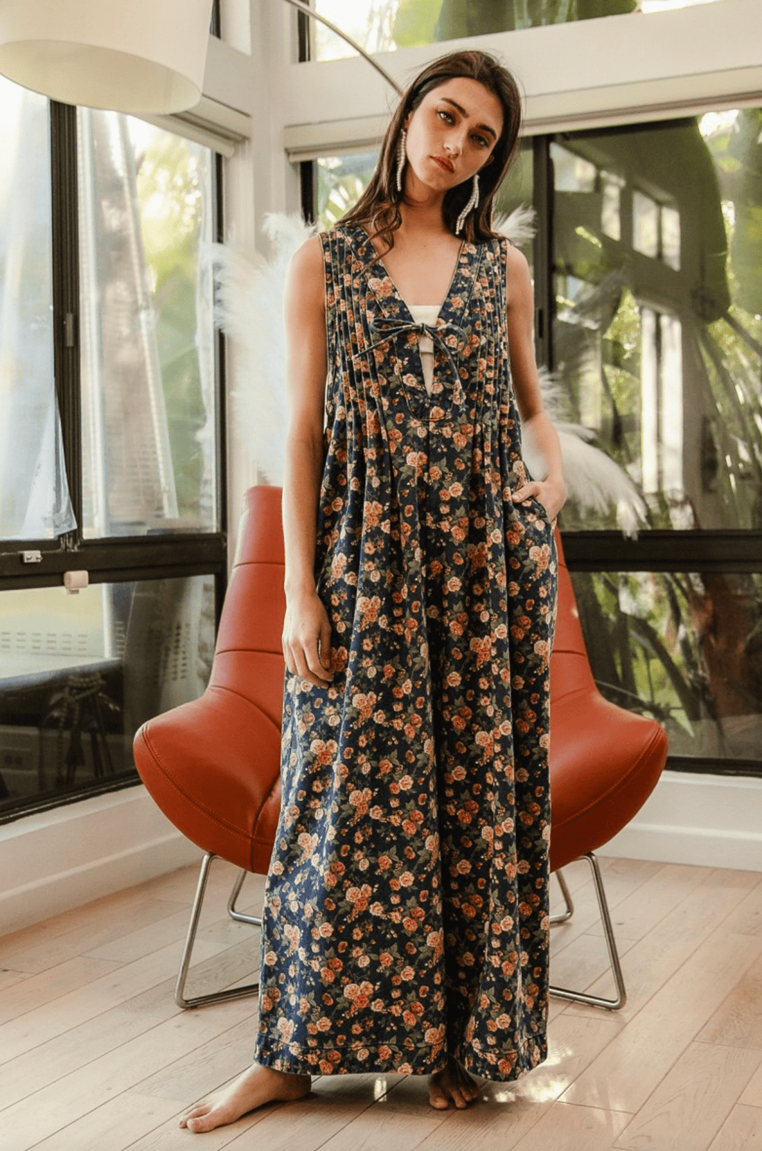 Denim Ditsy Print Pintuck Jumpsuit W/ Side Pockets - Whiskey Skies - BIBI