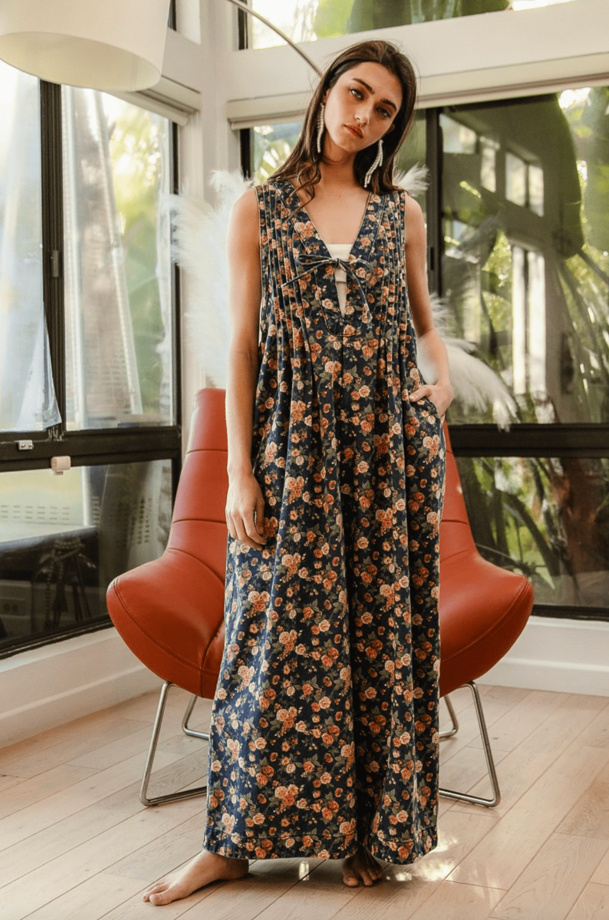 Denim Ditsy Print Pintuck Jumpsuit W/ Side Pockets - Whiskey Skies - BIBI