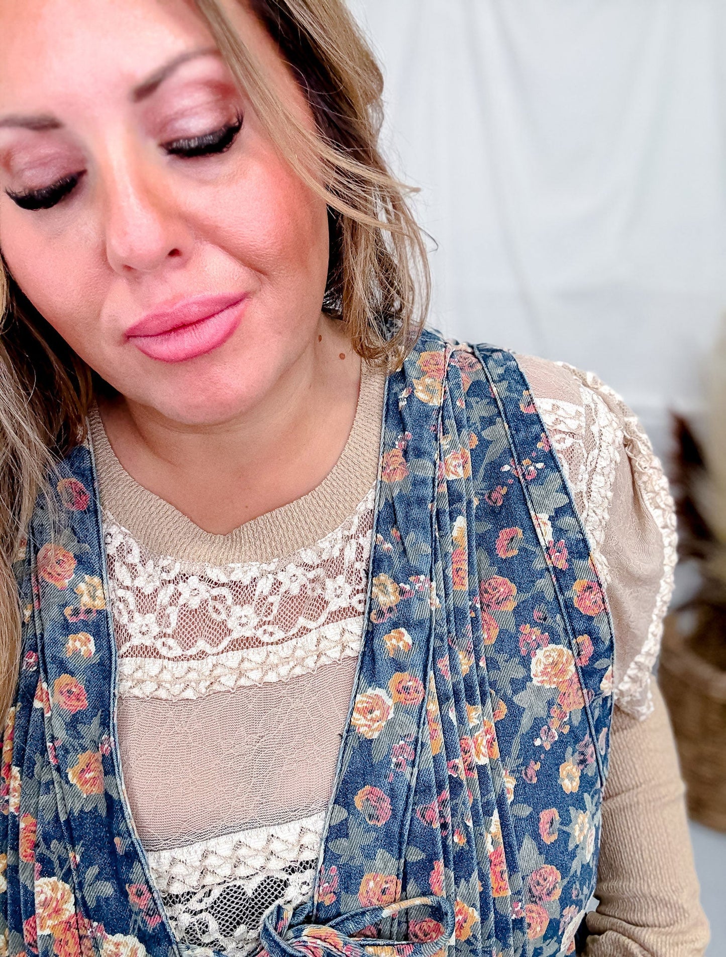 Denim Ditsy Print Pintuck Jumpsuit W/ Side Pockets - Whiskey Skies - BIBI