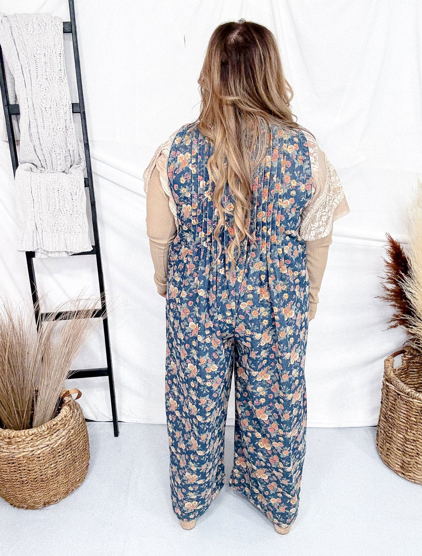 Denim Ditsy Print Pintuck Jumpsuit W/ Side Pockets - Whiskey Skies - BIBI