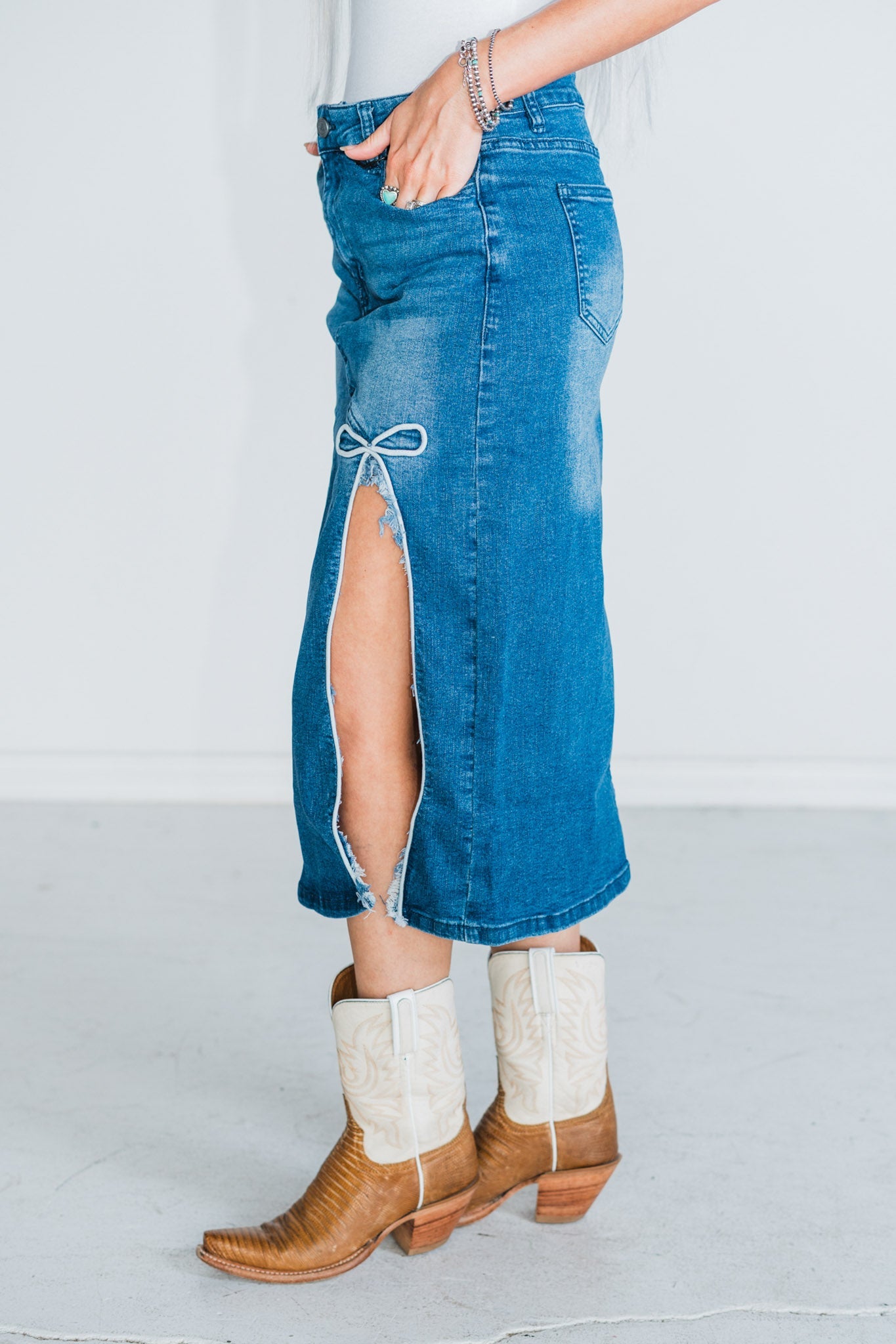 Denim Dreams Skirt with Bow Detail - Whiskey Skies - 2 FLY CO.